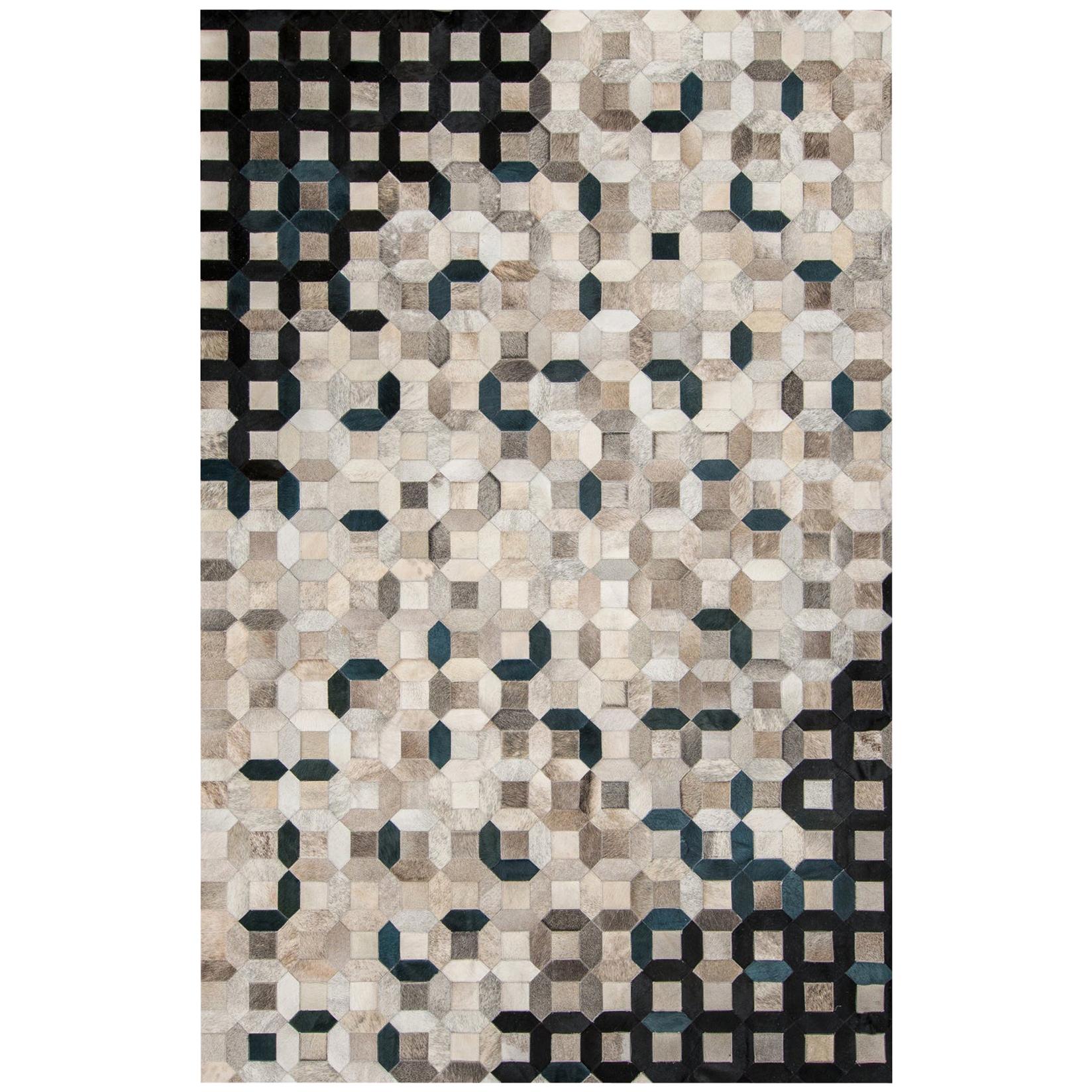 Schwarzer, grauer Trellis-Kuhfell-Bodenteppich XX-Large aus Mosaik