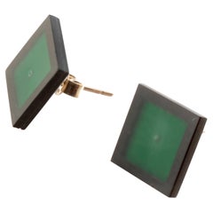 Black Green Agate 18 Karat Gold Stud Square Geometric Modern Chic Earrings