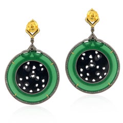 Black & Green Onyx Disc Dangle Earrings With Diamonds