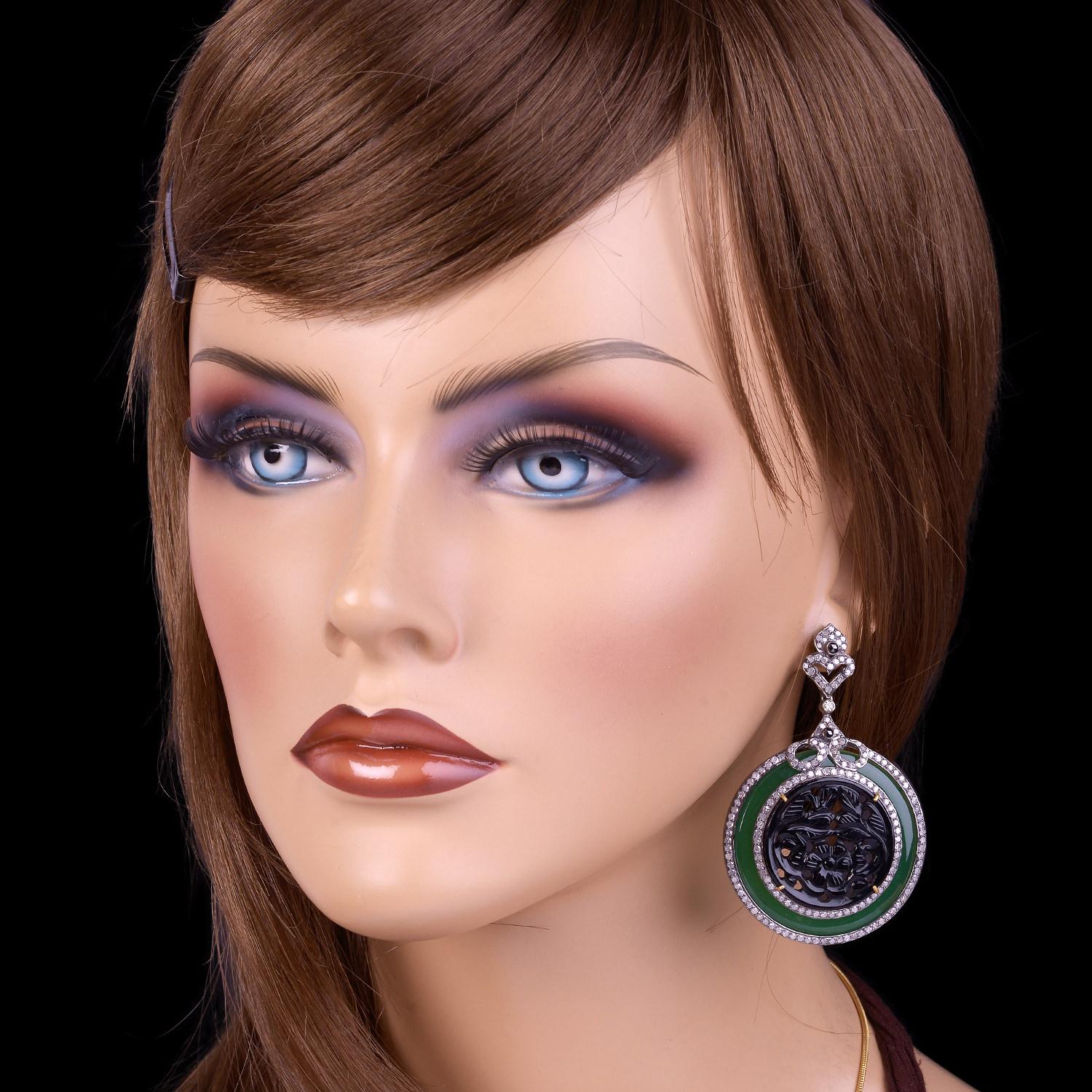 Art Deco Black & Green Onyx Disc Dangle Earrings With Diamonds For Sale