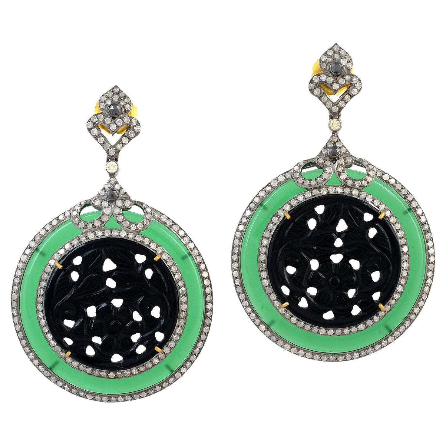 Boucles d'oreilles pendantes en disques d'onyx noir et vert avec diamants