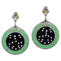 Black & Green Onyx Disc Dangle Earrings With Diamonds