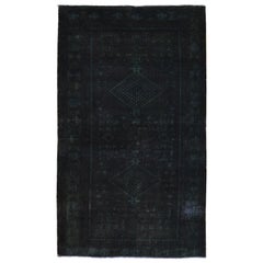 Black-Green Overdyed Persian Shiraz Worn Down Hand Knotted Clean Rug