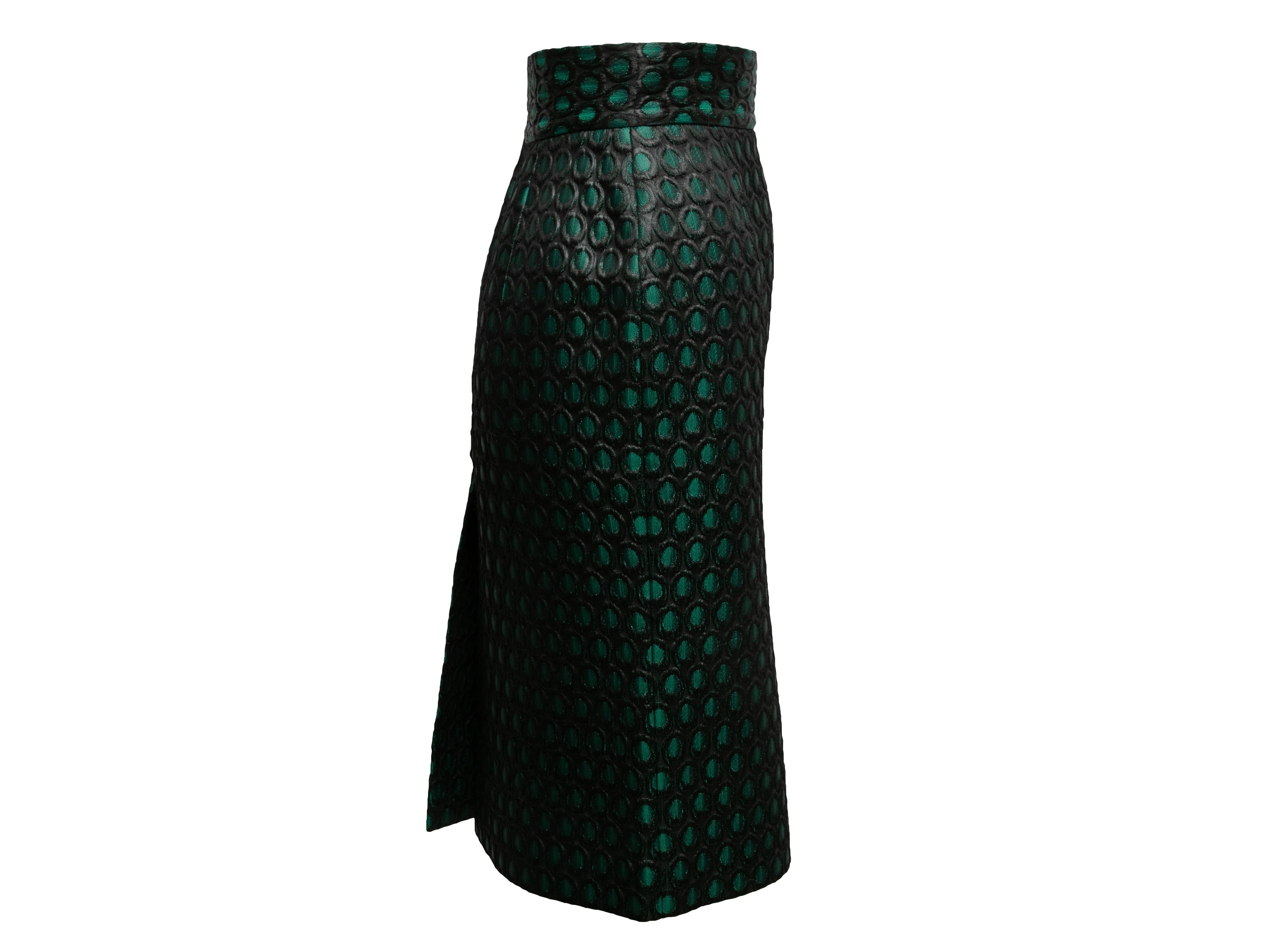 Black and green jacquard pencil skirt by Prada. Circle pattern throughout. 24