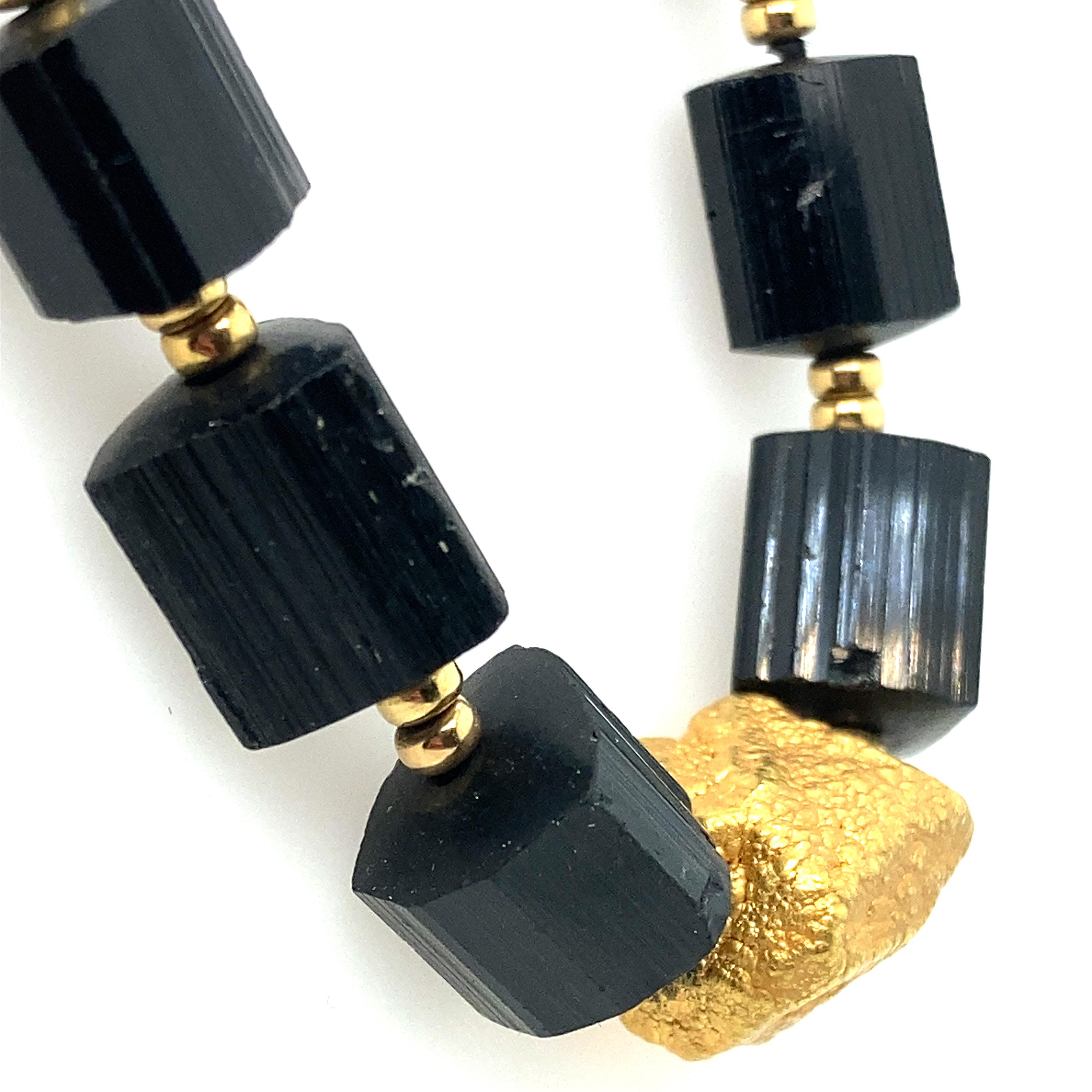 Modern Black/green Tourmaline and Gold Bead Chunky Necklace  For Sale