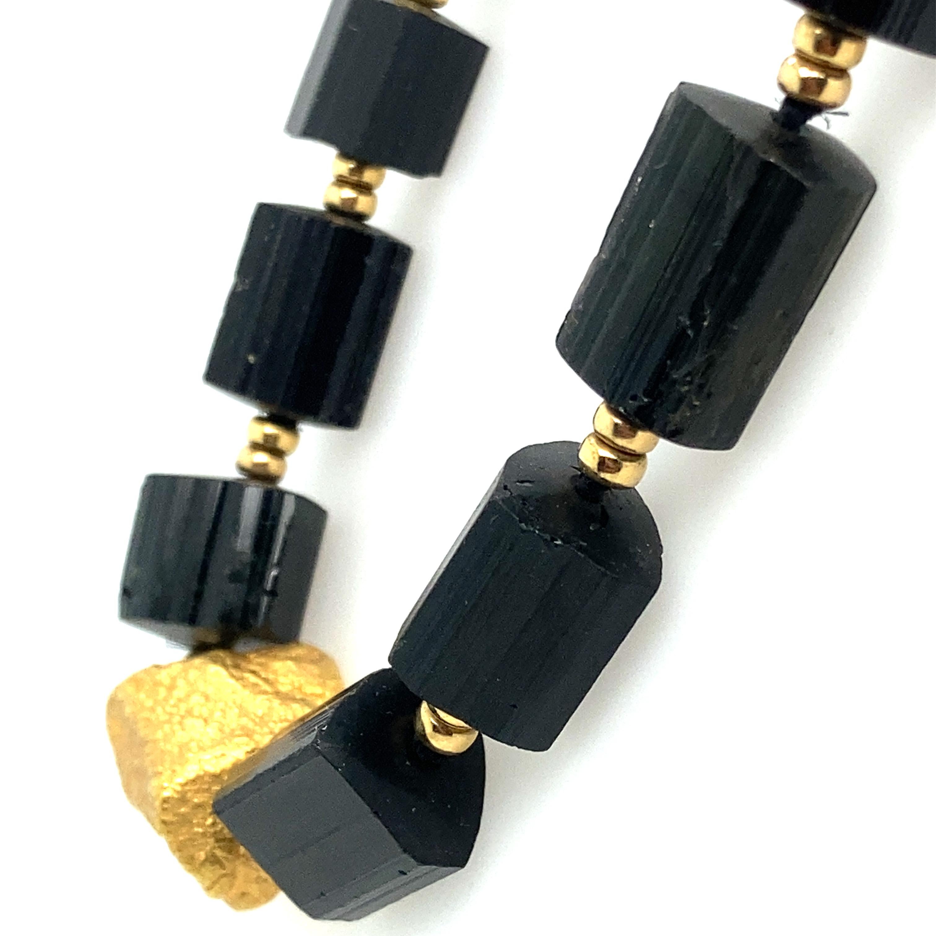 Black/green Tourmaline and Gold Bead Chunky Necklace  In Good Condition For Sale In Boston, MA