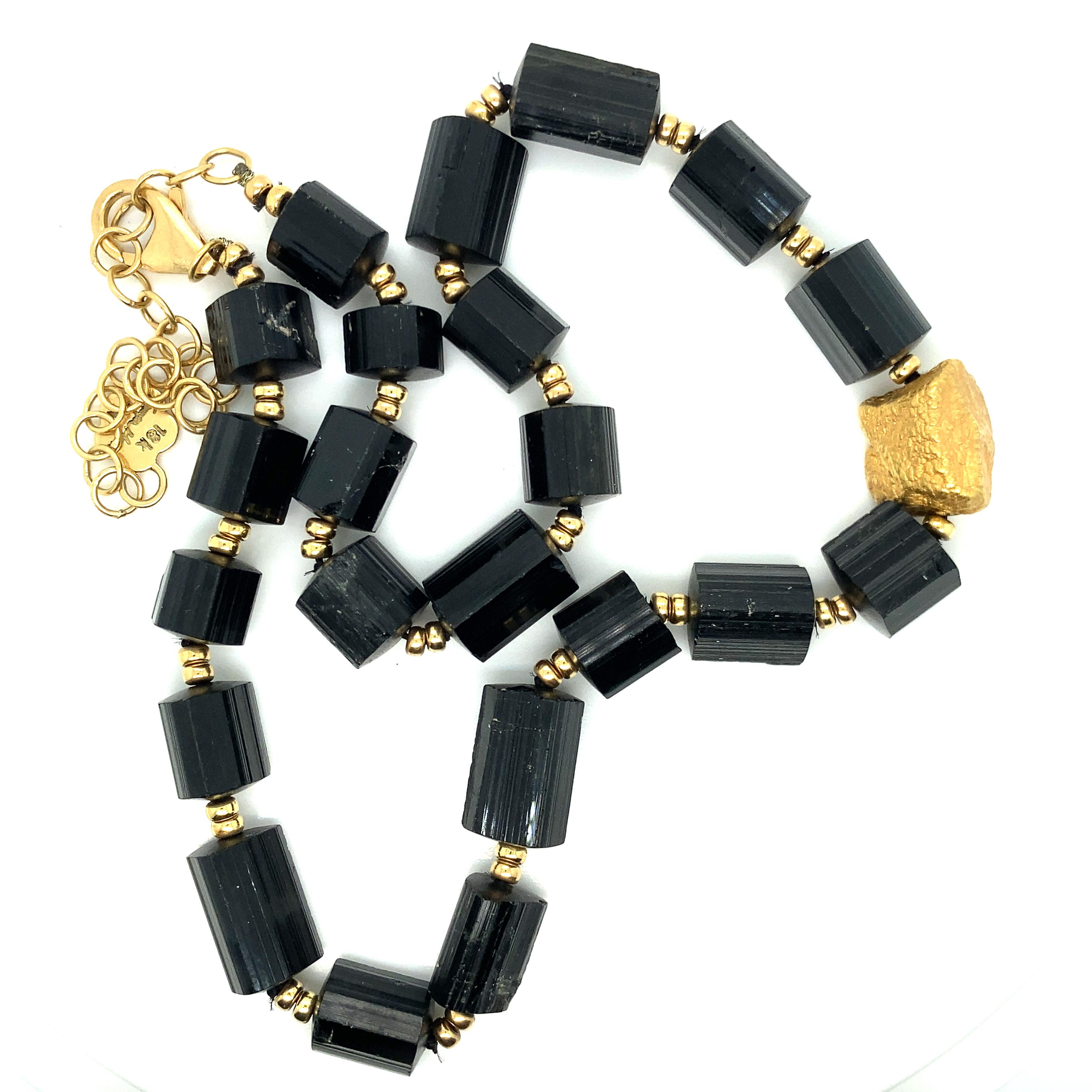 Black/green Tourmaline and Gold Bead Chunky Necklace  For Sale 1