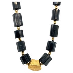 Black/green Tourmaline and Gold Bead Chunky Necklace 