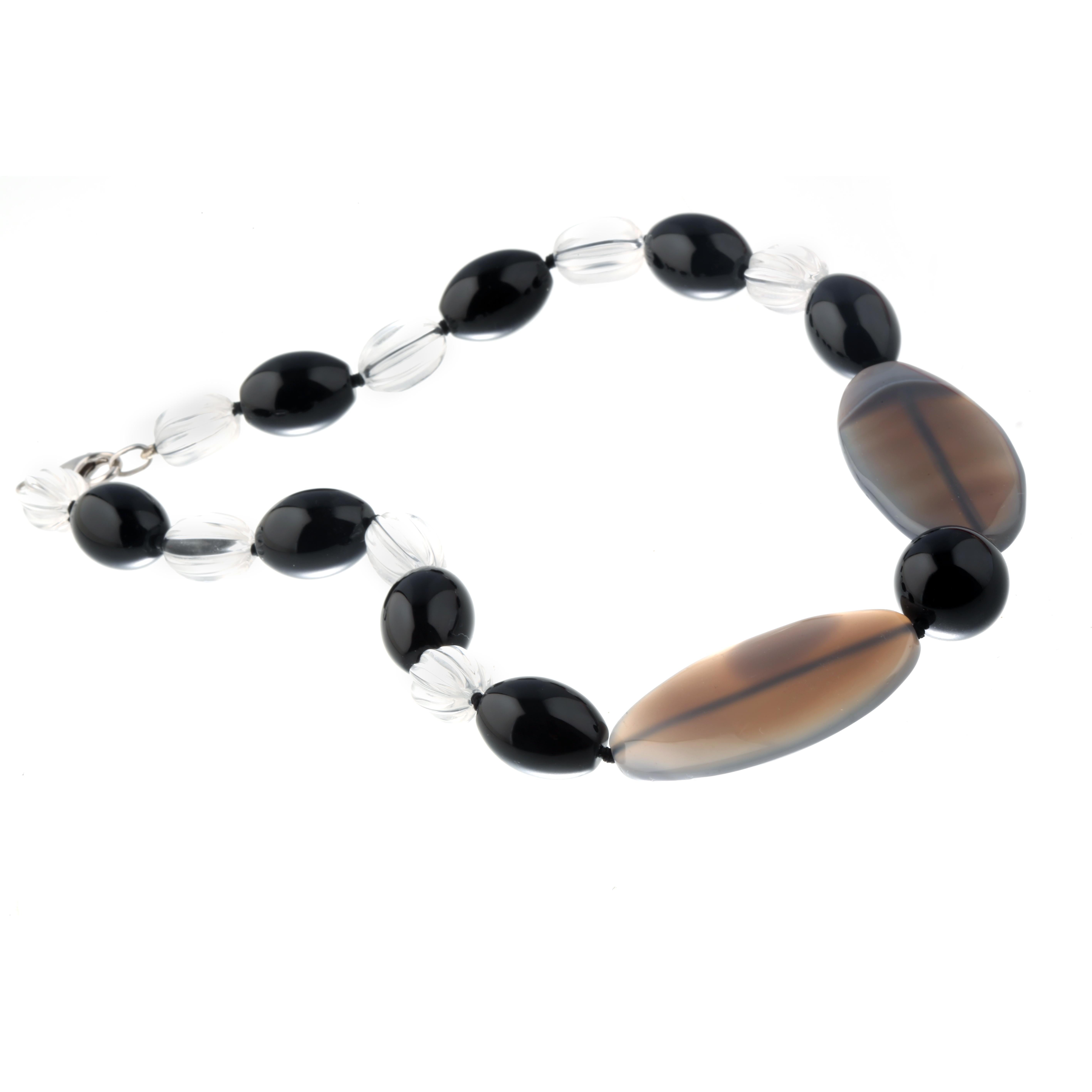 Black Grey Agate Rock Crystal Silver Beaded Boho Chic Necklace Intini Jewels In New Condition For Sale In Milano, IT