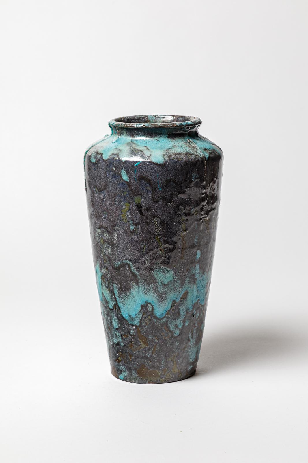 Beaux-Arts Vaso in ceramica smaltata nera, grigia e blu di Eugène Lion, 1920 circa. in vendita