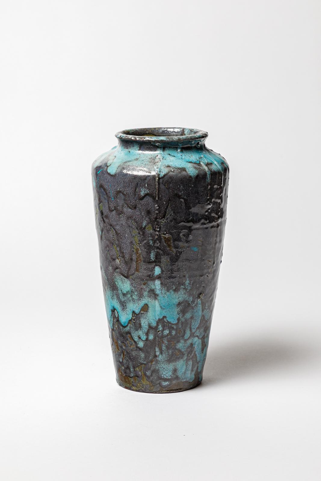 Francese Vaso in ceramica smaltata nera, grigia e blu di Eugène Lion, 1920 circa. in vendita