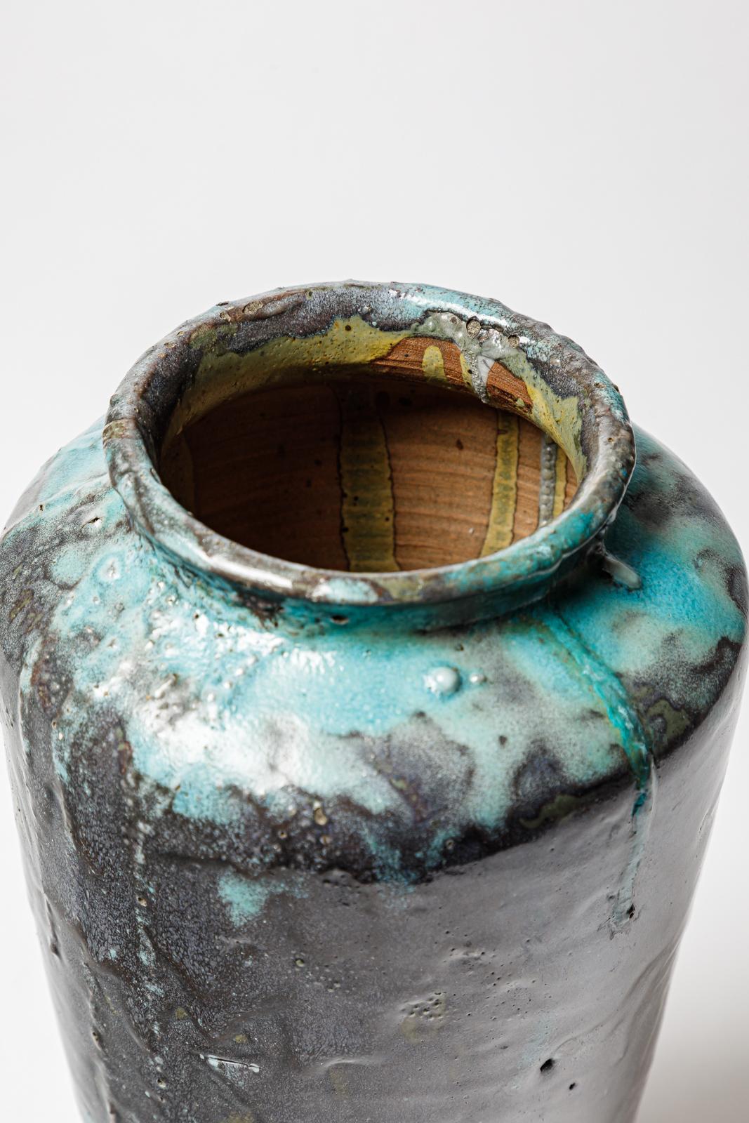 Vaso in ceramica smaltata nera, grigia e blu di Eugène Lion, 1920 circa. In condizioni buone in vendita a Saint-Ouen, FR