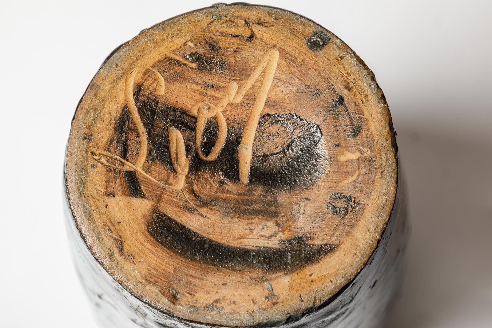 Inizio XX secolo Vaso in ceramica smaltata nera, grigia e blu di Eugène Lion, 1920 circa. in vendita