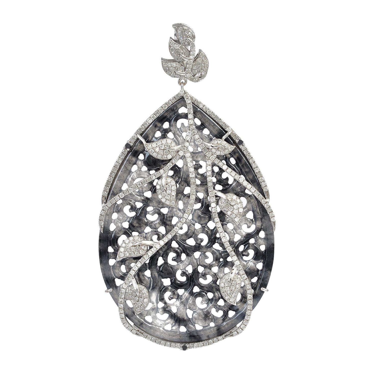 Black Grey Jade Pendant in 18 Karat White Gold For Sale