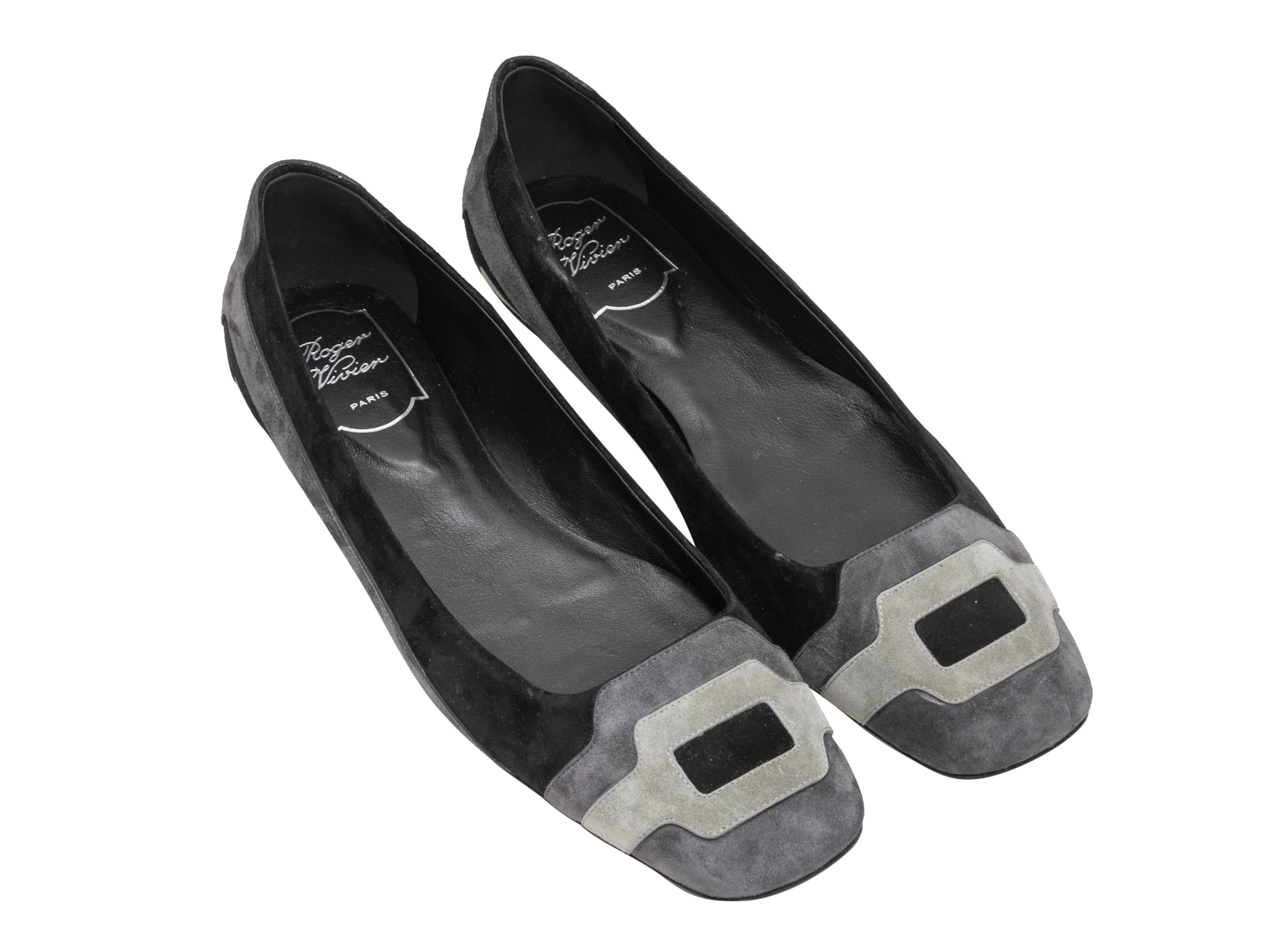 Black and grey square-toe suede ballet flats by Roger Vivier.

Designer Size: 39
US Recommended Size: 9