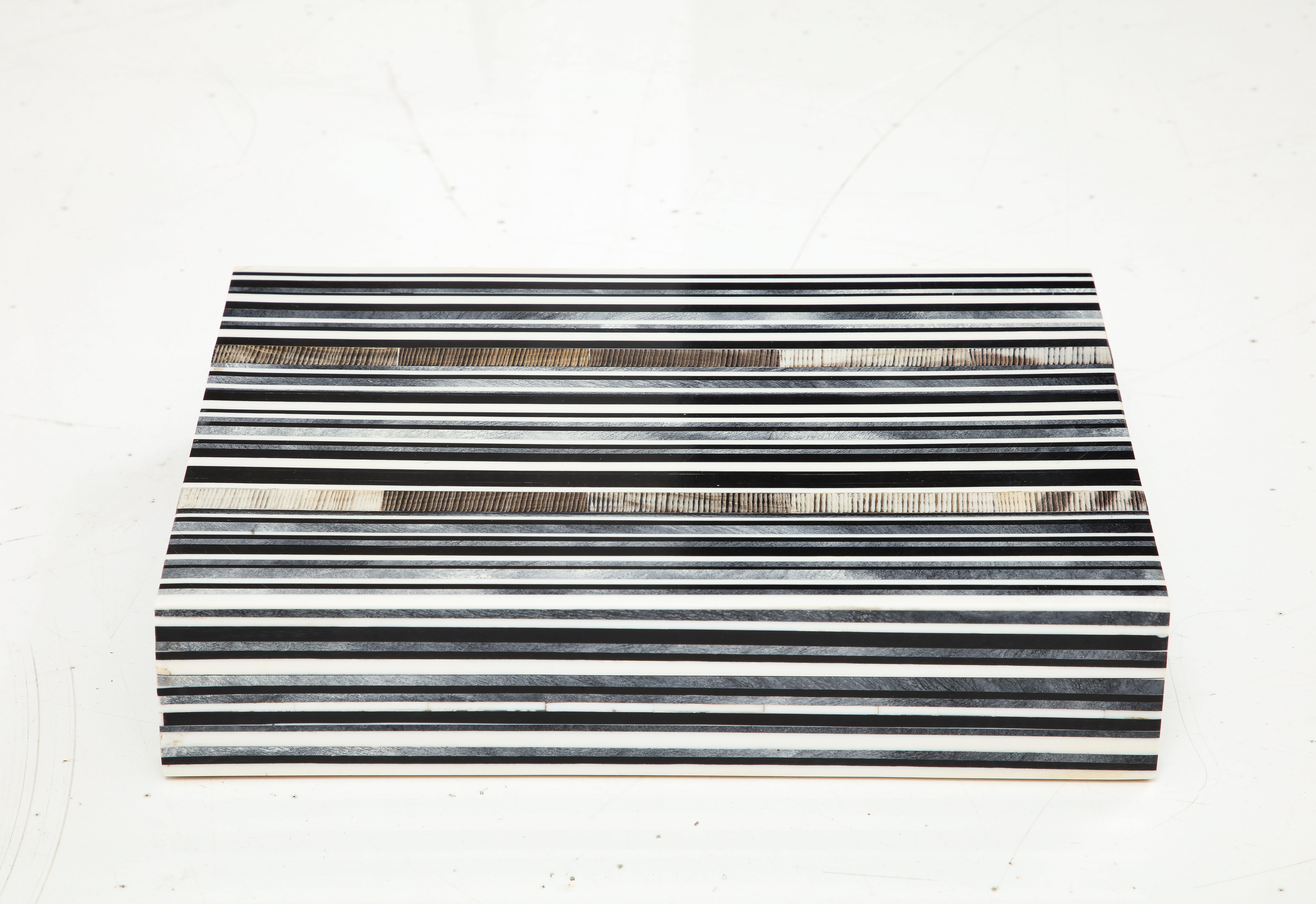 Hand made, large scale document/keepsake box clad in hand dyed black, grey bone tiles in a striped pattern. Hand polished, some with hand etching detail.