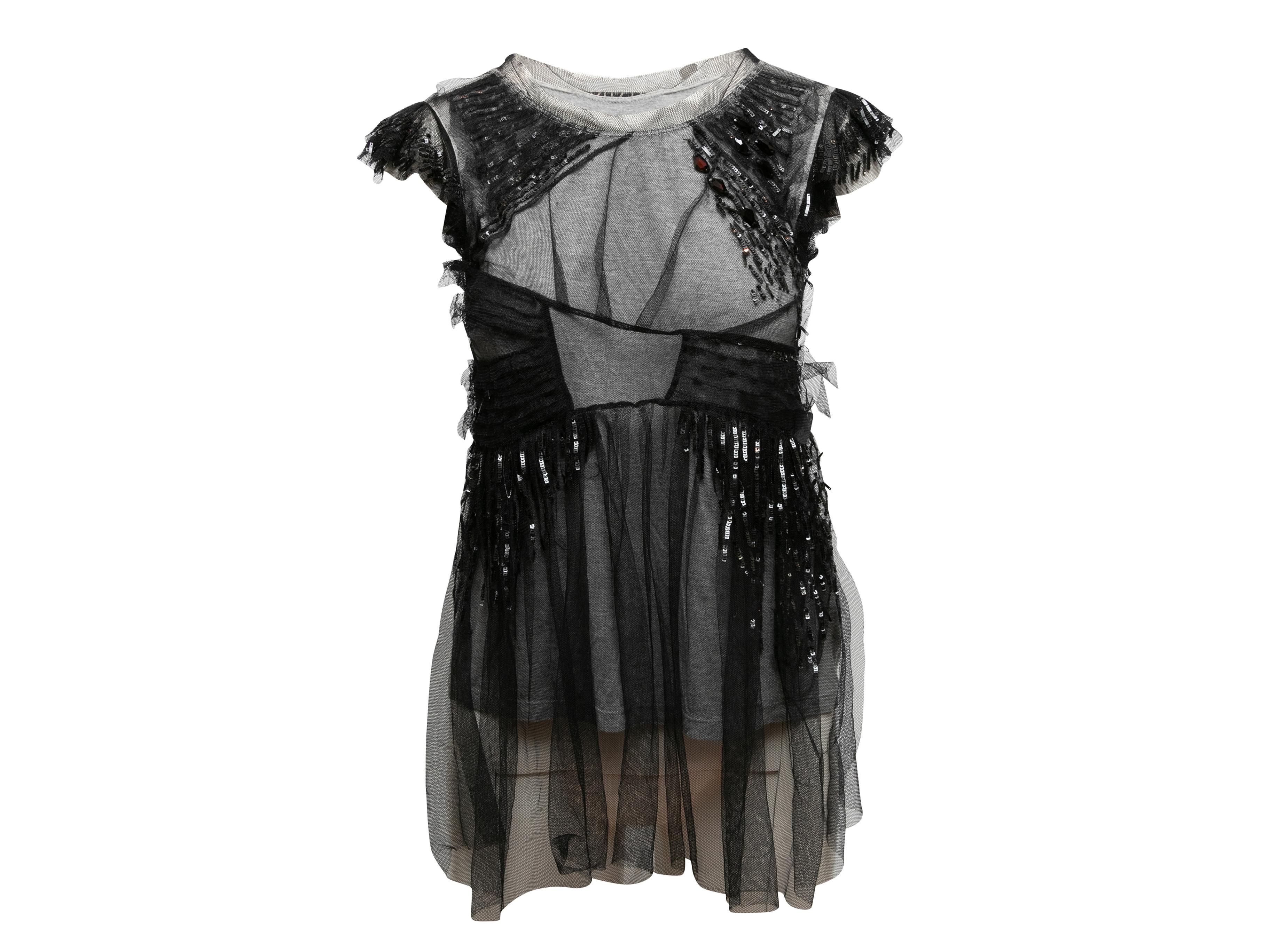 Black and grey tulle and sequin-embellished shirt by Valentino T-Shirt Couture. Crew neck. Cap sleeves. 23