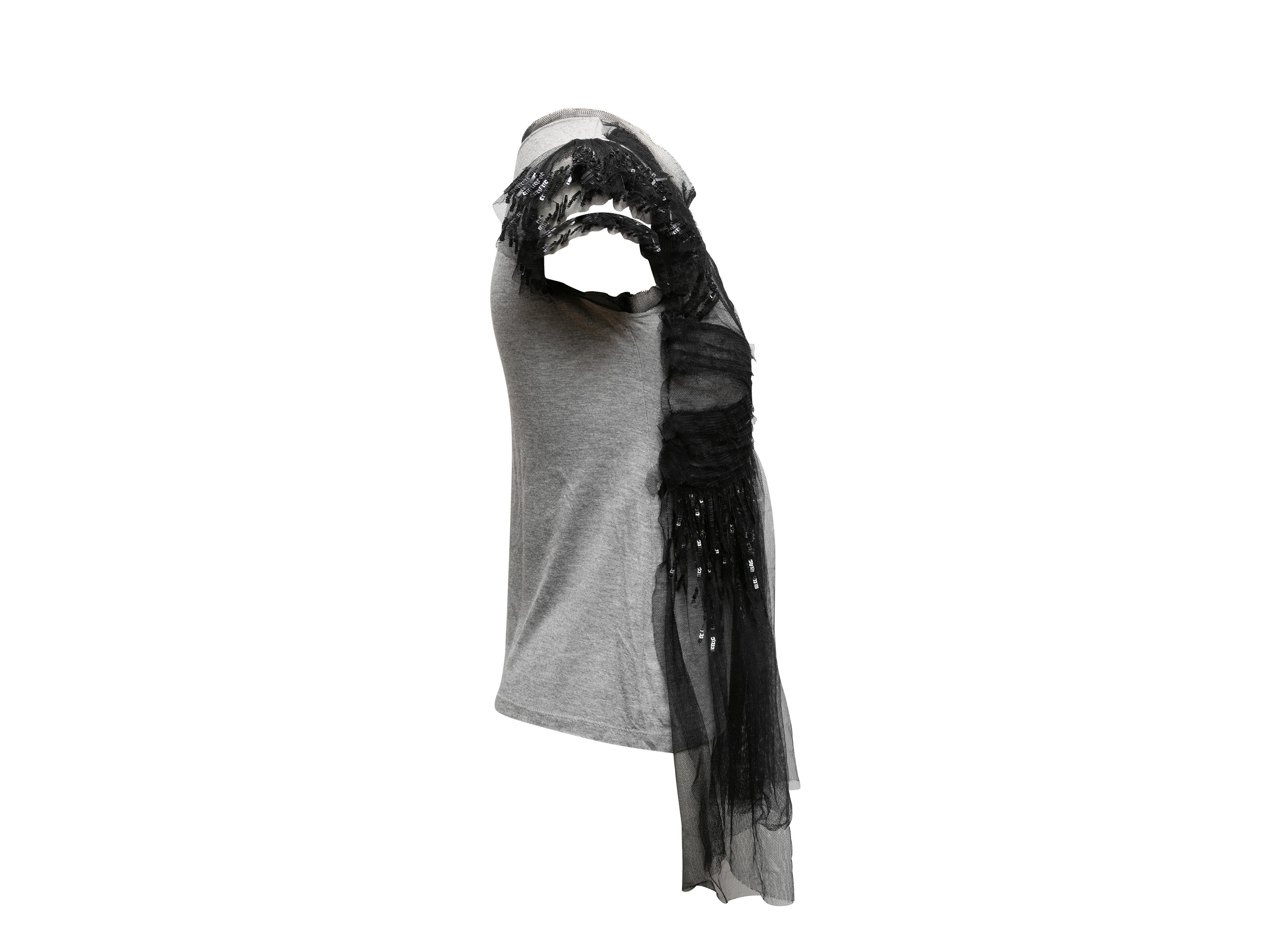 Black & Grey Valentino T-Shirt Couture Tulle & Sequin-Embellished Shirt Size US In Good Condition For Sale In New York, NY
