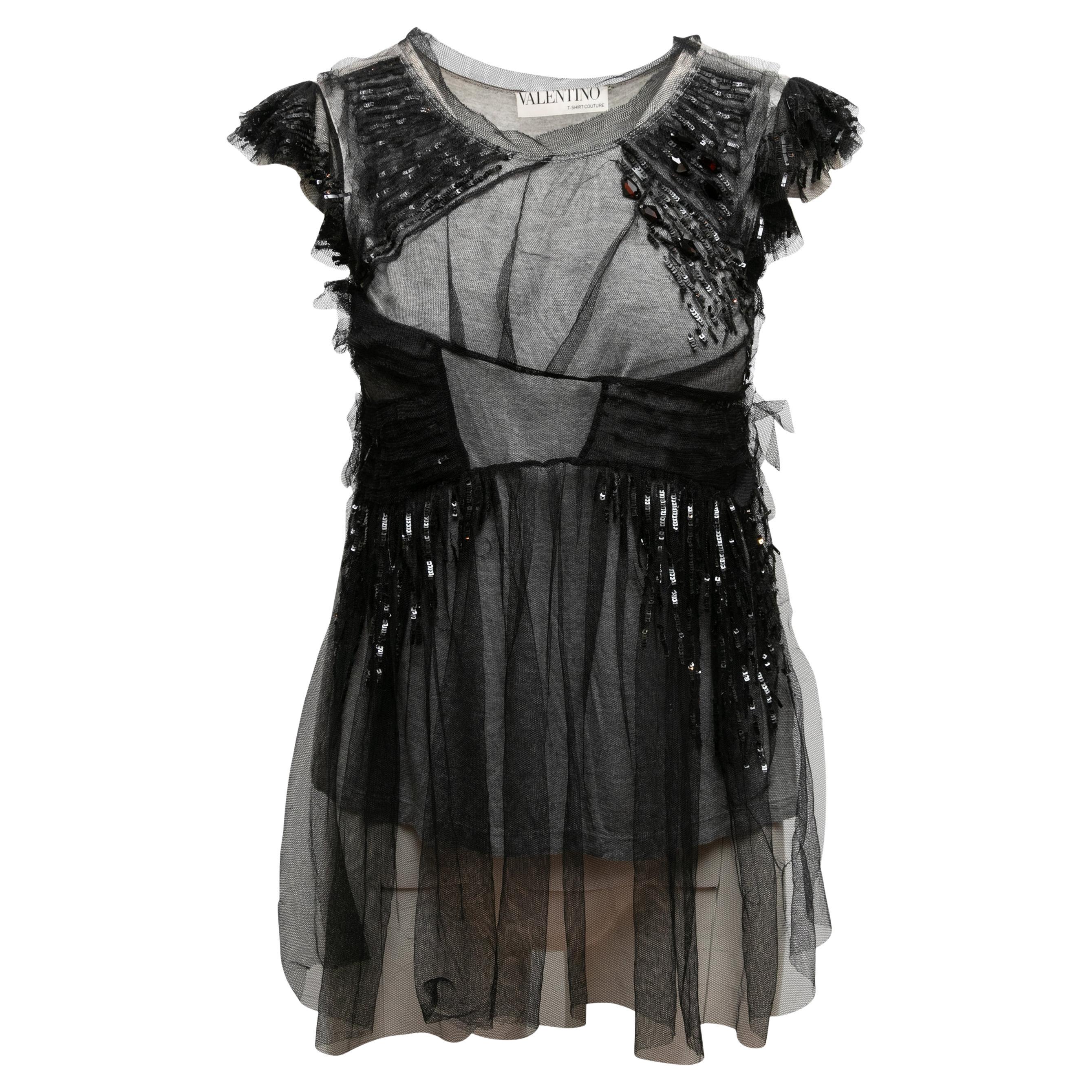 Black & Grey Valentino T-Shirt Couture Tulle & Sequin-Embellished Shirt Size US For Sale