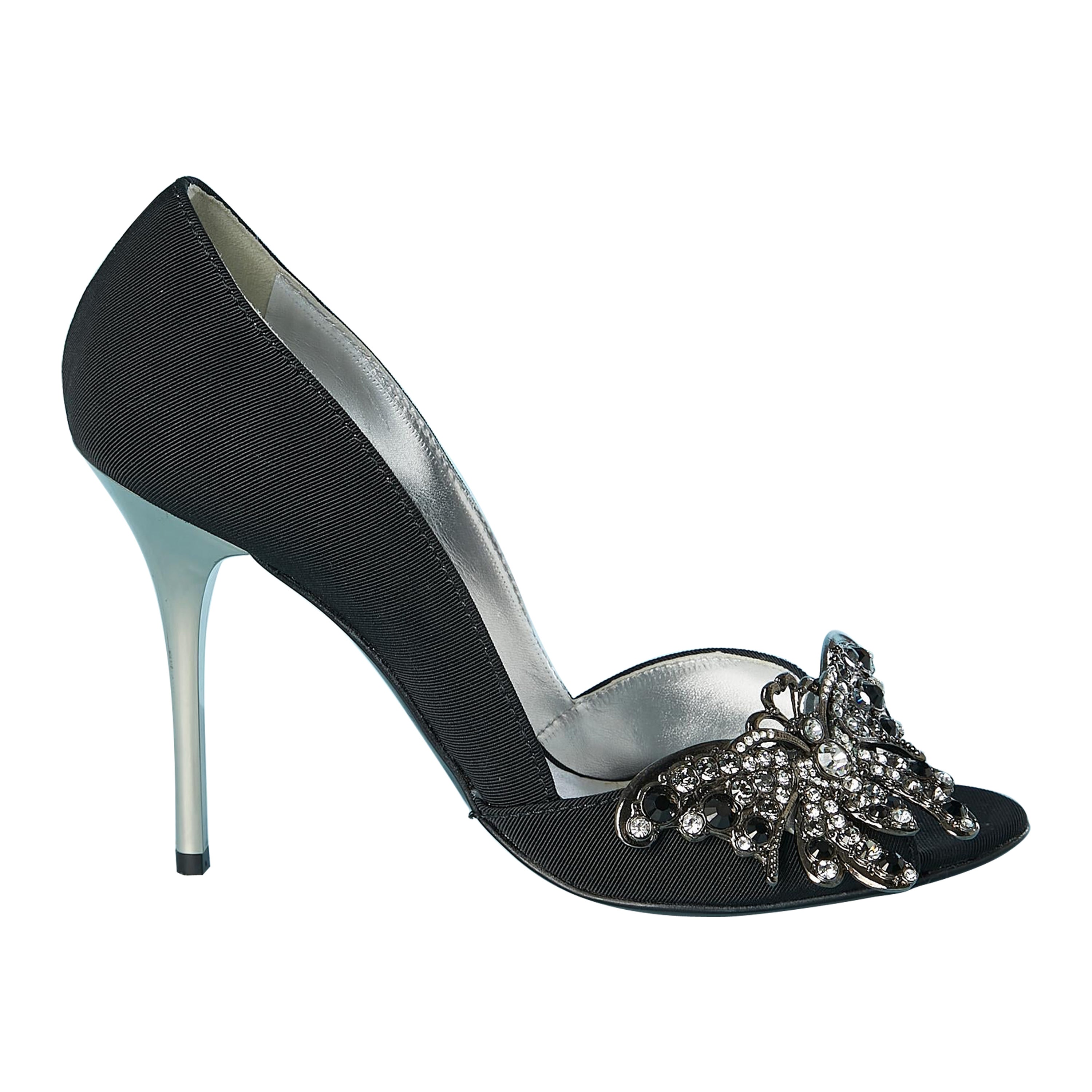 Black gros-grain pump with metal and rhinestone butterfly Mario Bologna NEW For Sale
