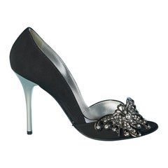 Schwarze Gros-Grain-Pumps mit Metall- und Strass-Schmetterling Mario Bologna NEW