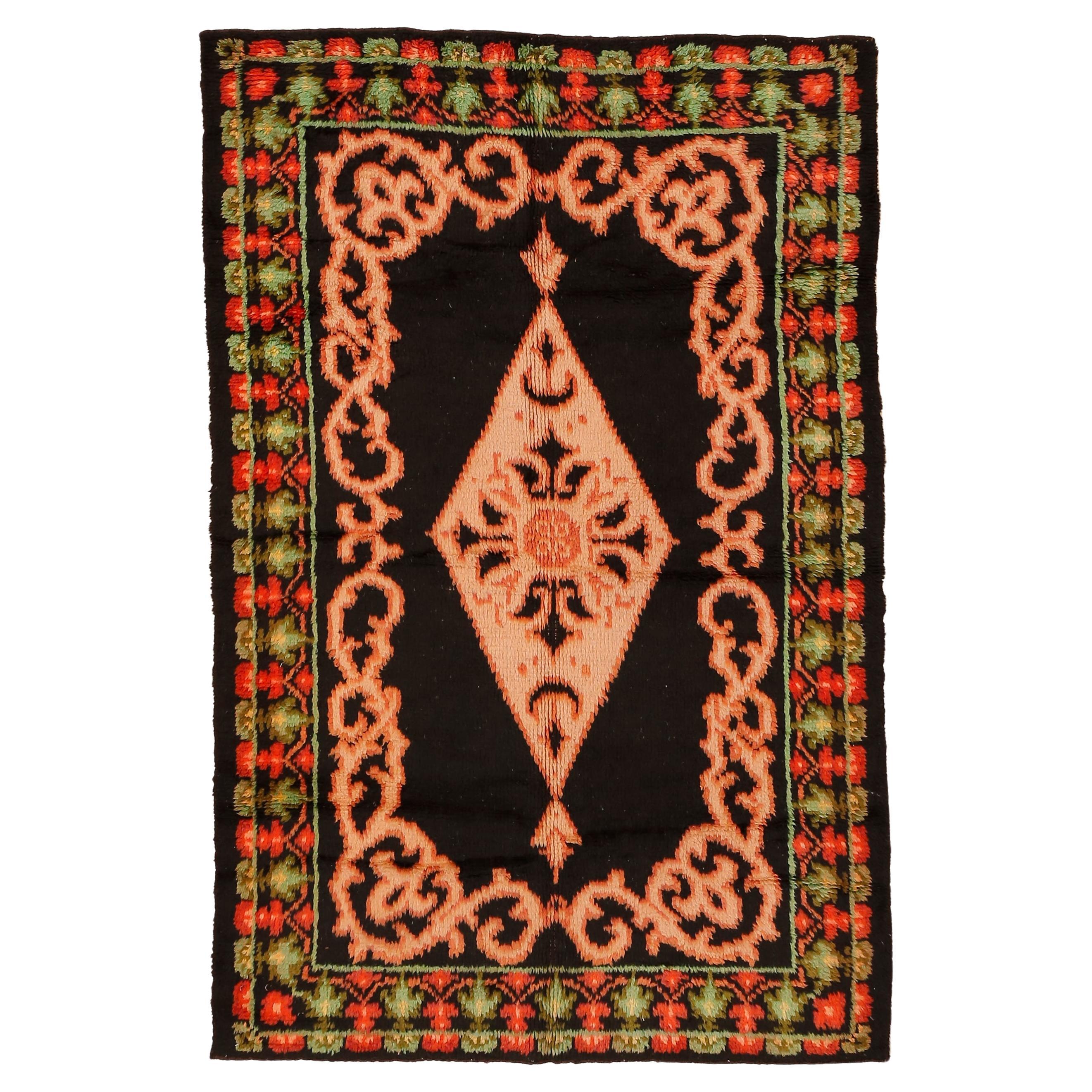 Black Ground Antique Ukrainian Cotton Rug with 18th Century Revivalist Pattern