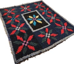 Black Ground Vintage Ukrainian Cotton Pile Square Rug with Eight-Pointed Stars