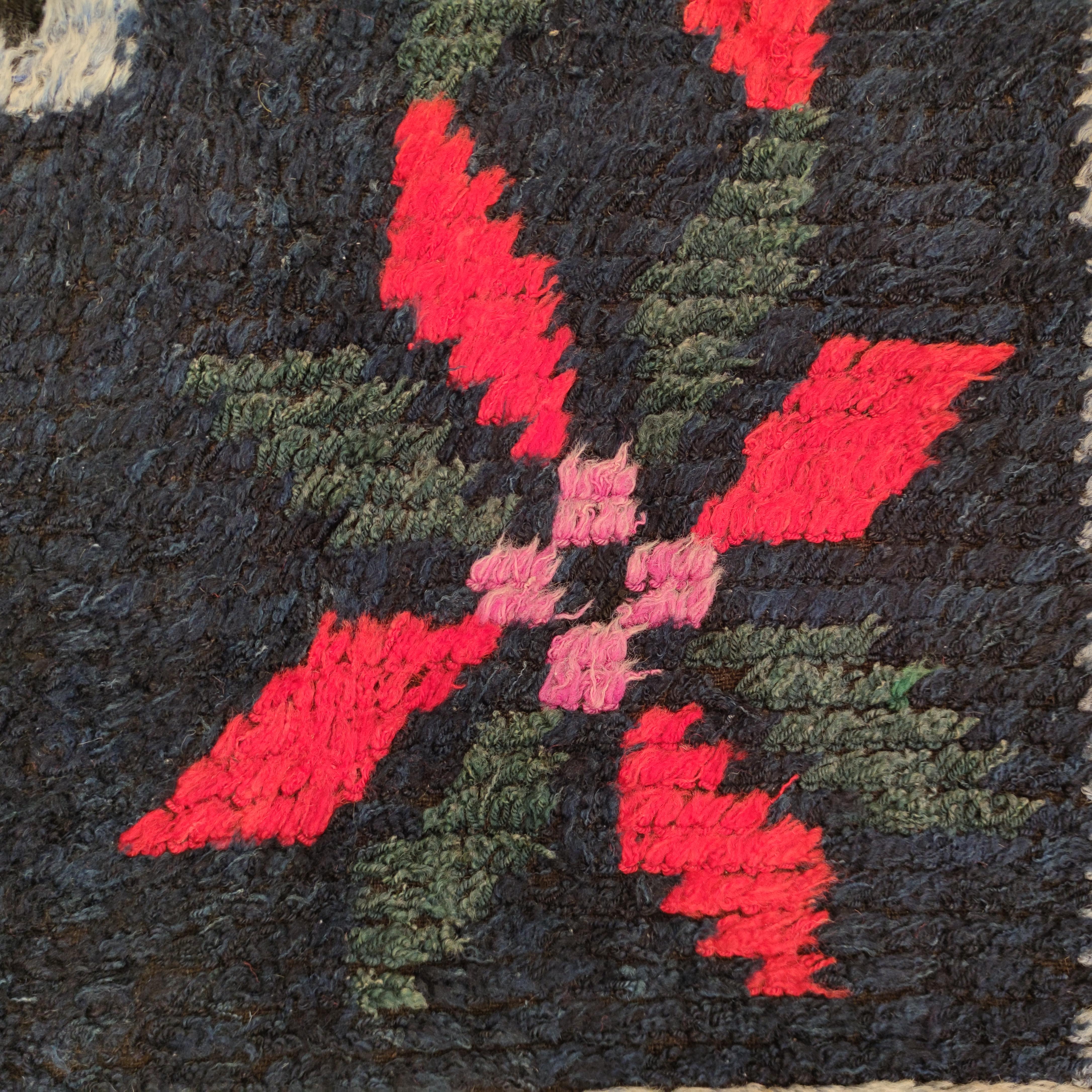 Bessarabian Black Ground Vintage Ukrainian Cotton Pile Square Rug with Eight-Pointed Stars For Sale