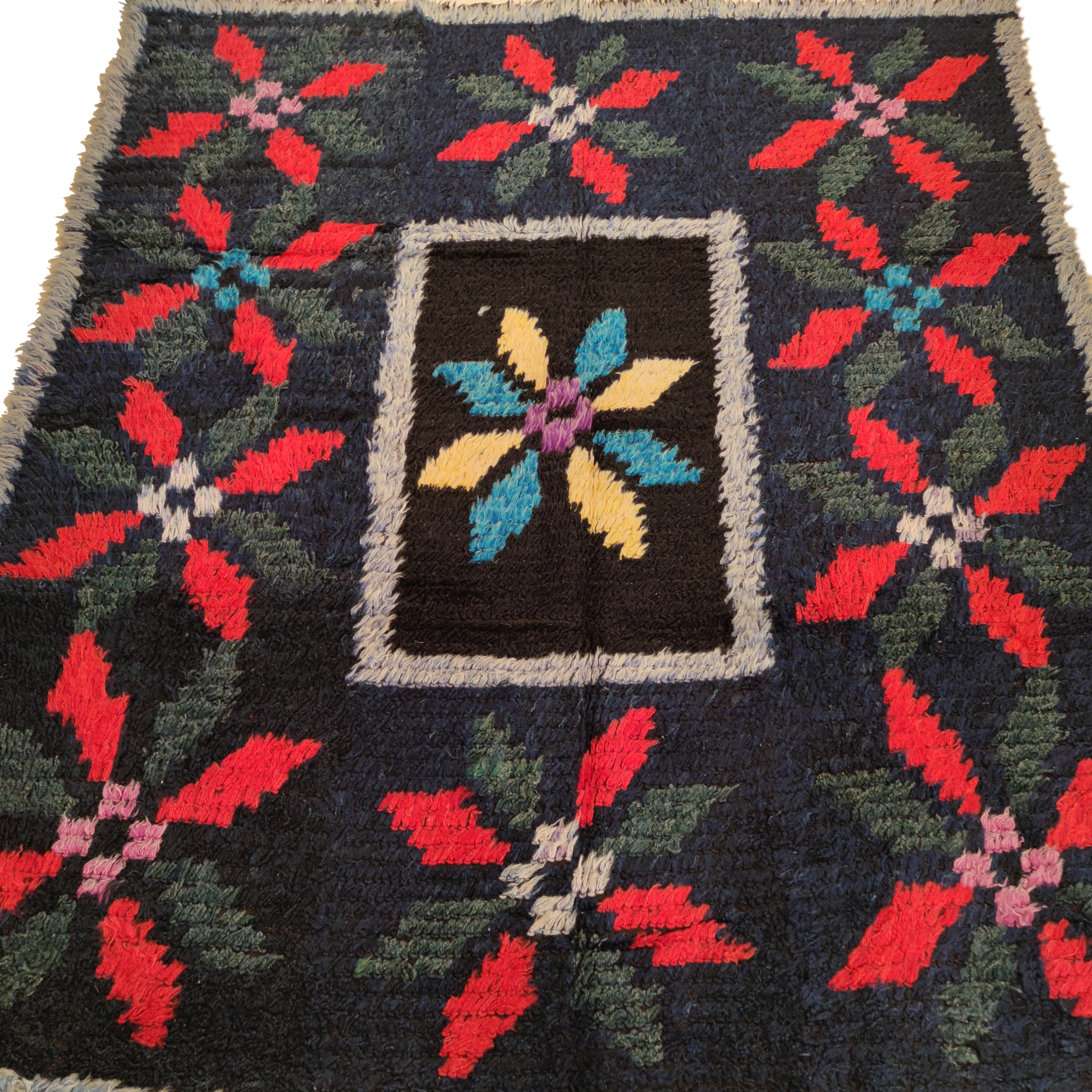 Mid-20th Century Black Ground Vintage Ukrainian Cotton Pile Square Rug with Eight-Pointed Stars For Sale