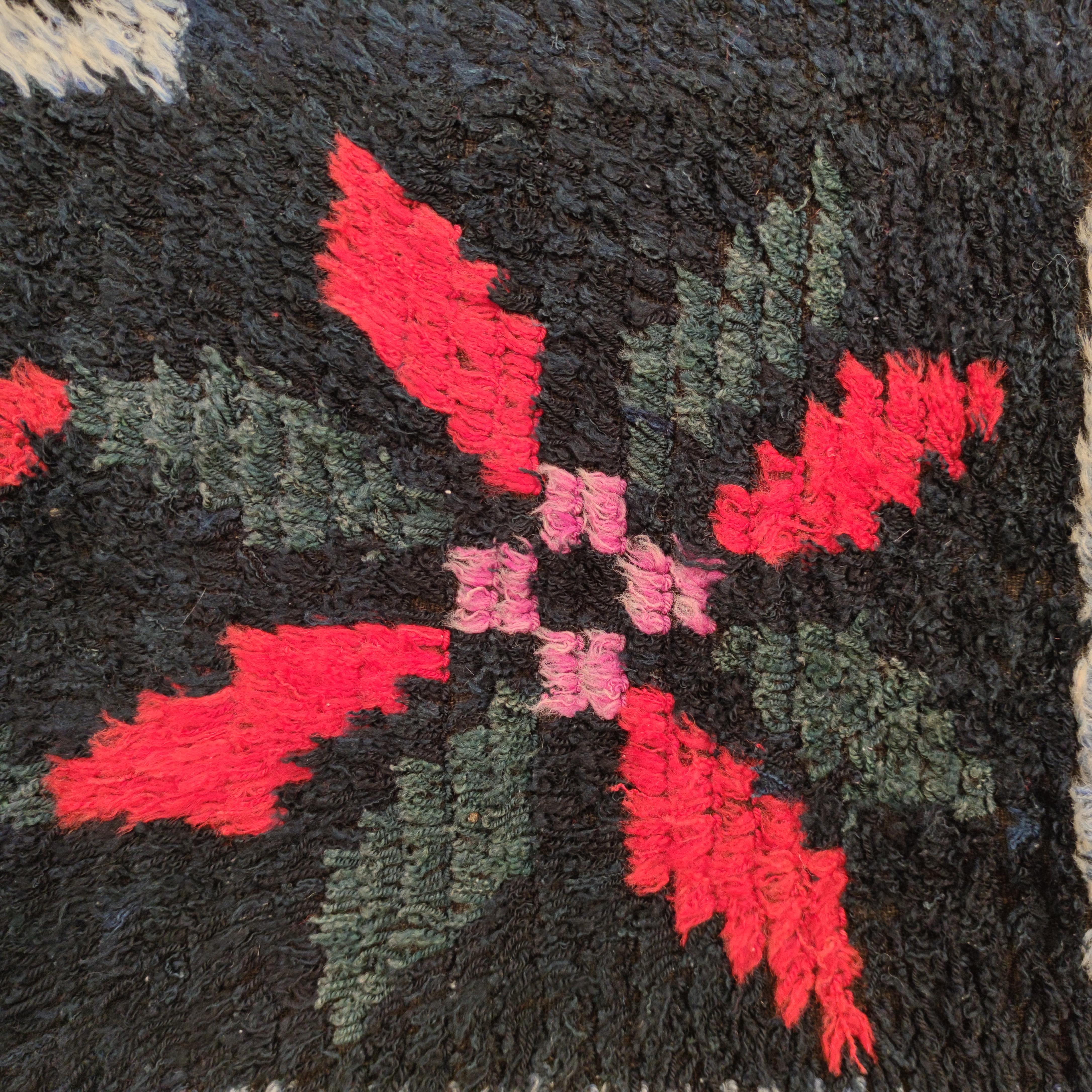 Black Ground Vintage Ukrainian Cotton Pile Square Rug with Eight-Pointed Stars For Sale 1
