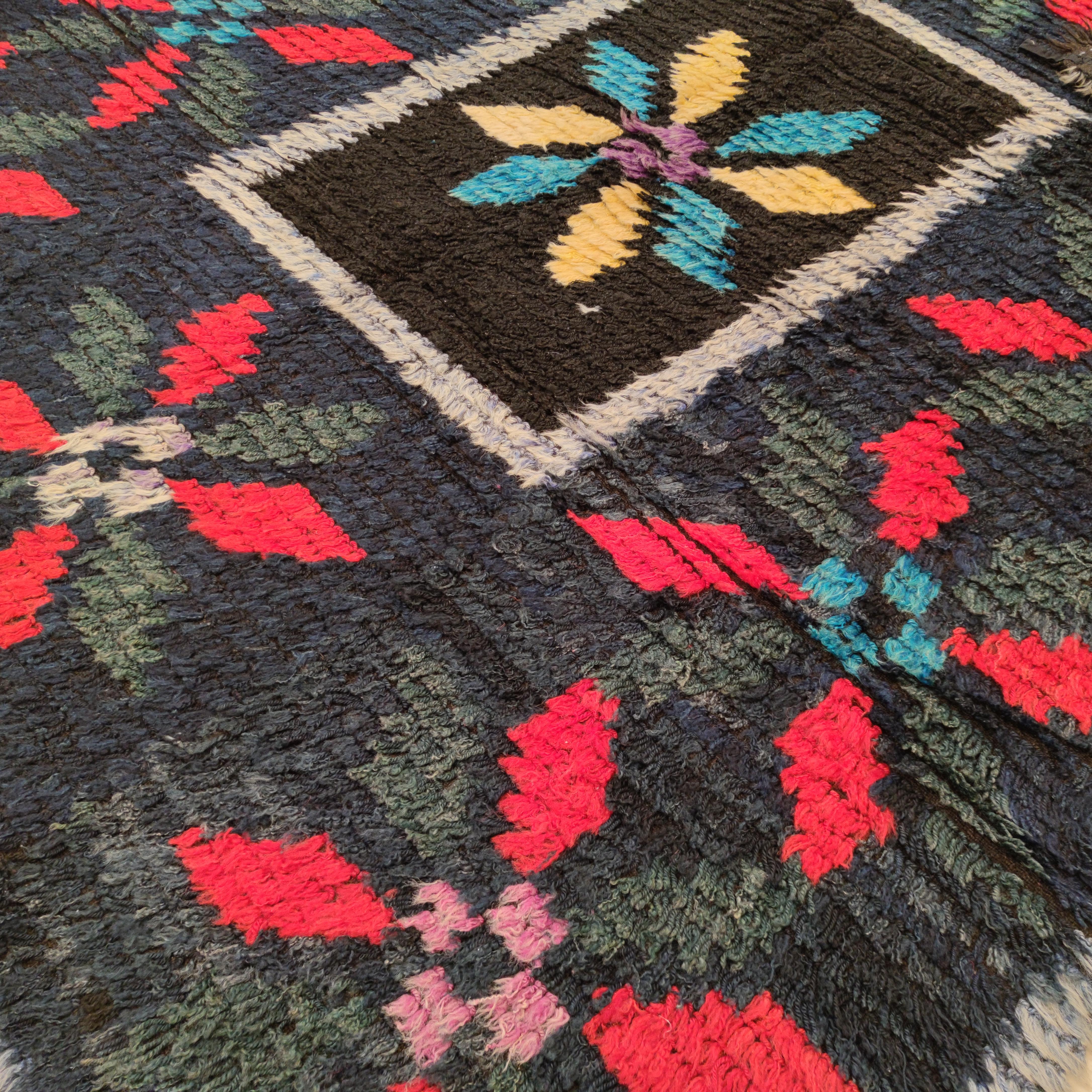 Black Ground Vintage Ukrainian Cotton Pile Square Rug with Eight-Pointed Stars For Sale 3