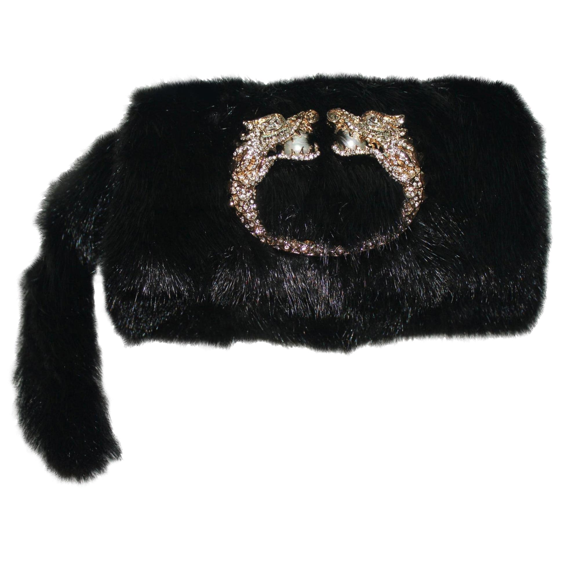 NEW Gucci by Tom Ford Black Dragon Pearl Jeweled Mink Fur Evening Bag Clutch For Sale