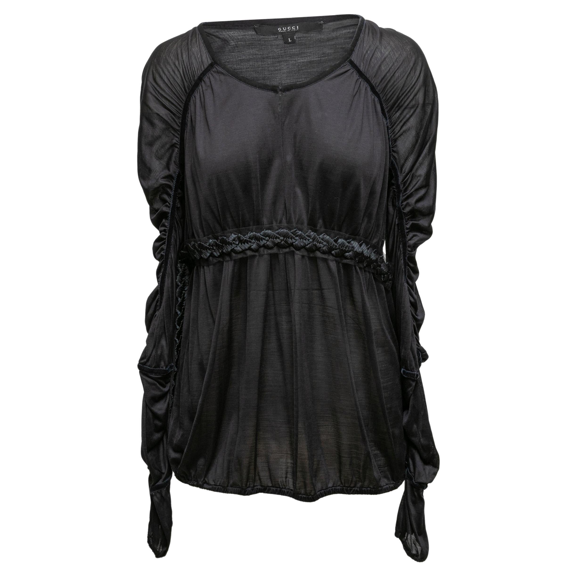 Black Gucci Silk Long Sleeve Ruched Top Size US L