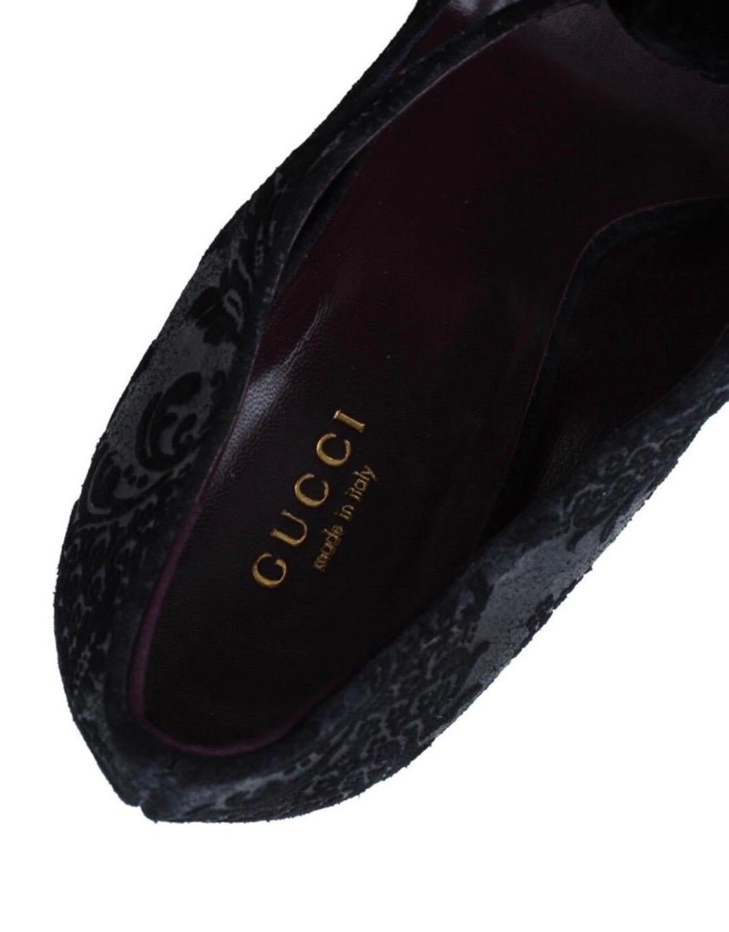 NEW Black Gucci Suede Brocade Pineapple High Heel Sandals Pumps Velvet Bowtie 38 For Sale 4