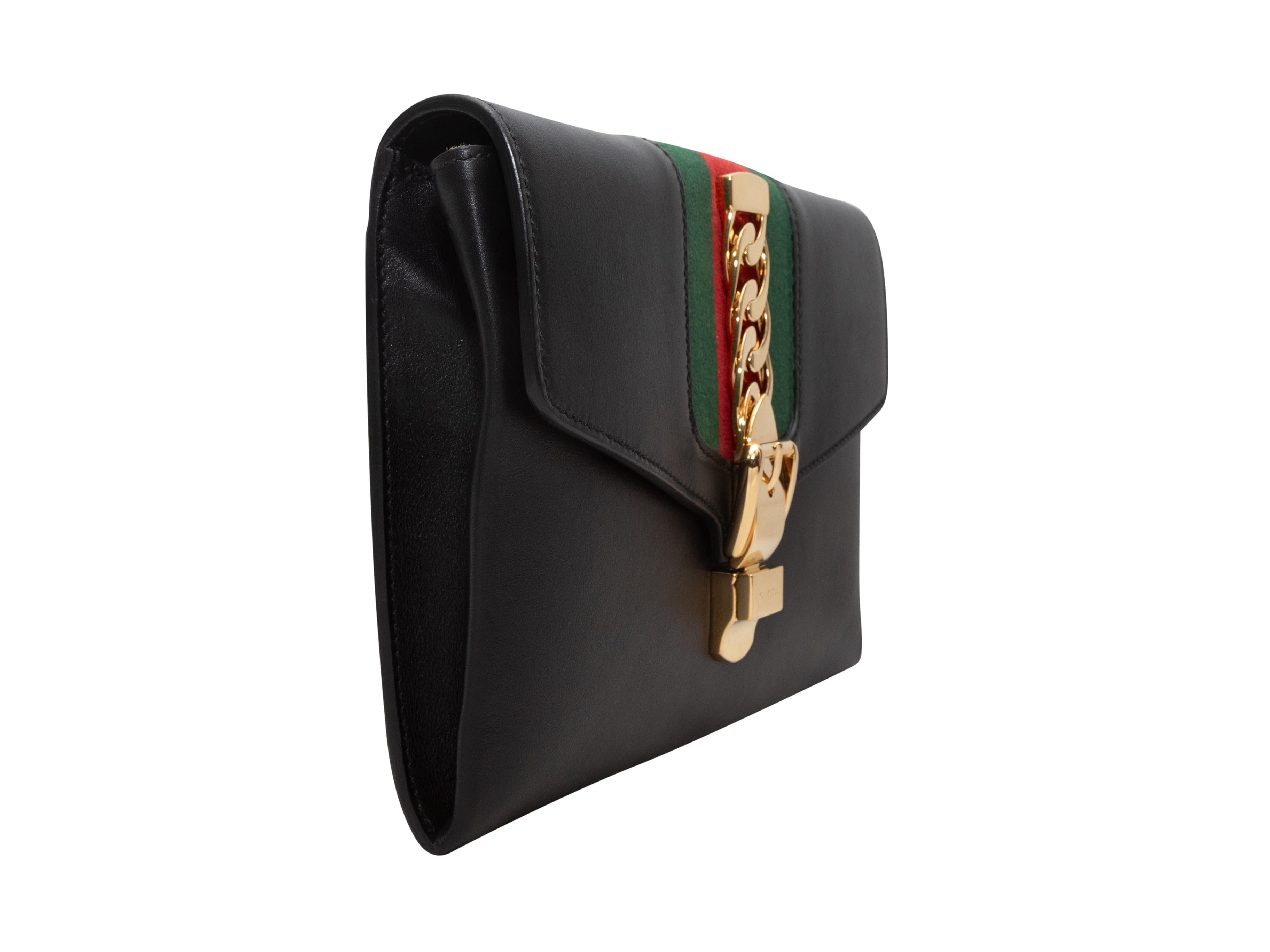 Black Gucci Sylvie Web-Trimmed Leather Clutch In Good Condition For Sale In New York, NY