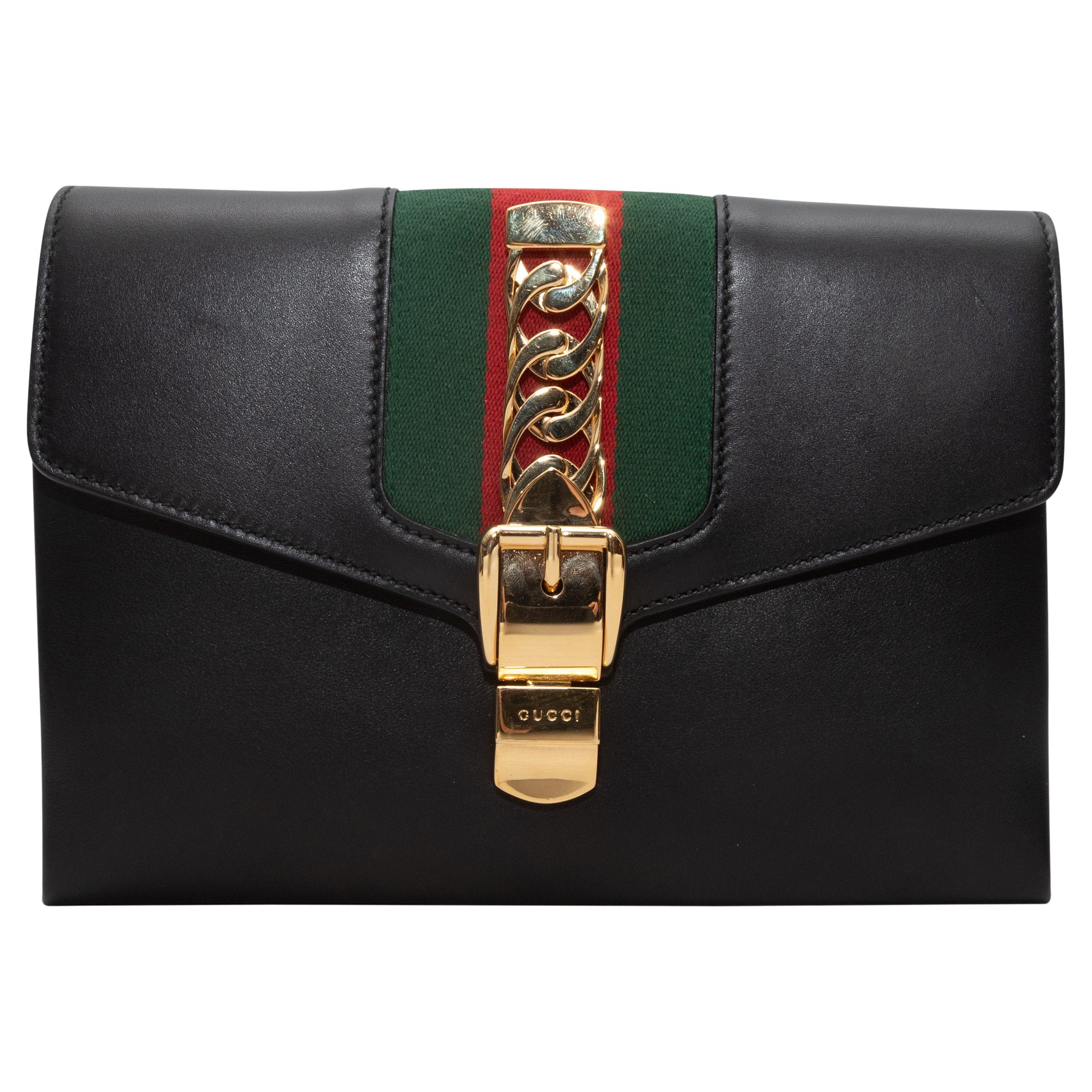 Black Gucci Sylvie Web-Trimmed Leather Clutch For Sale