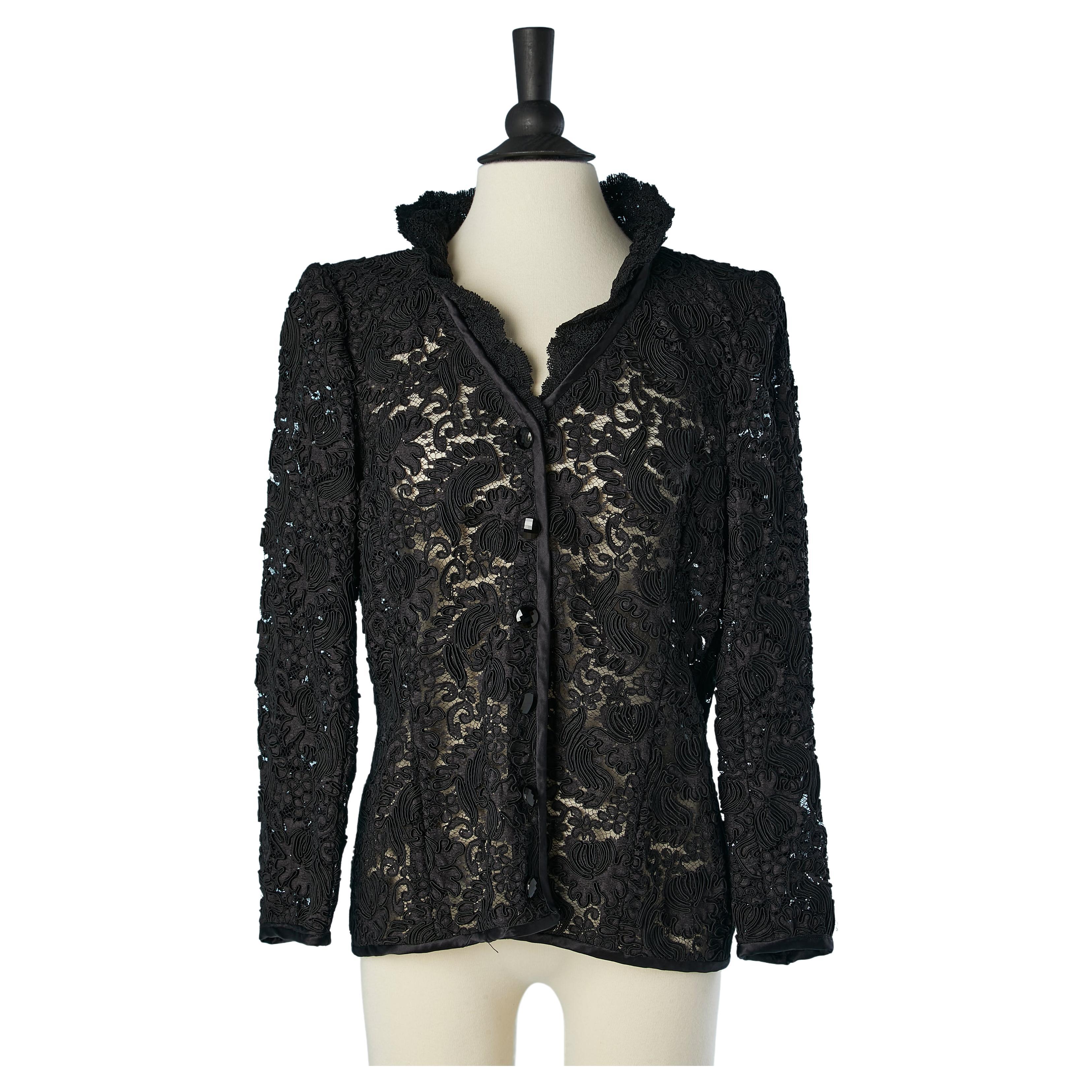  Black guipure evening jacket with ruffle collar YSL Rive Gauche  For Sale