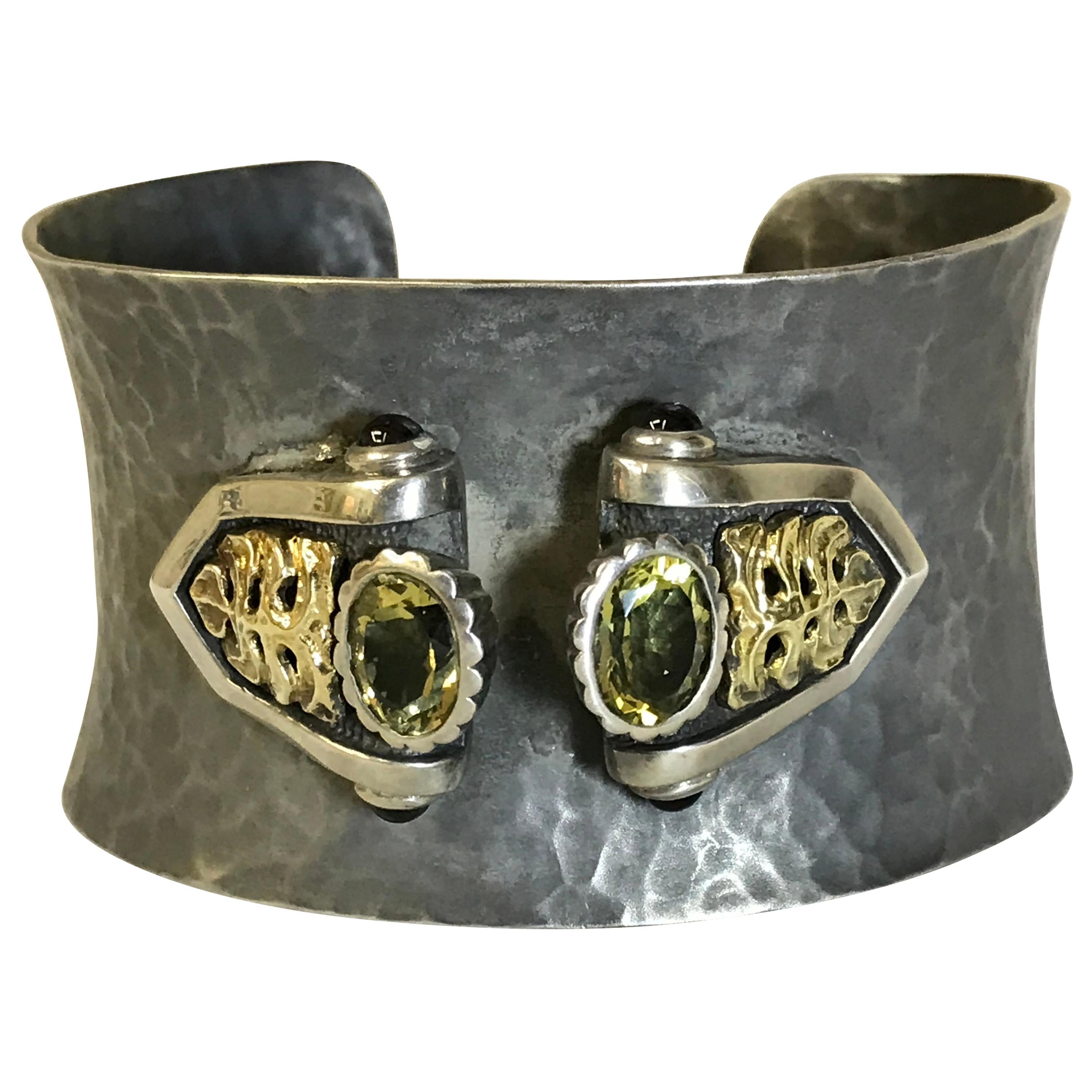 Black Hammered Cuff Bracelet with Adornment