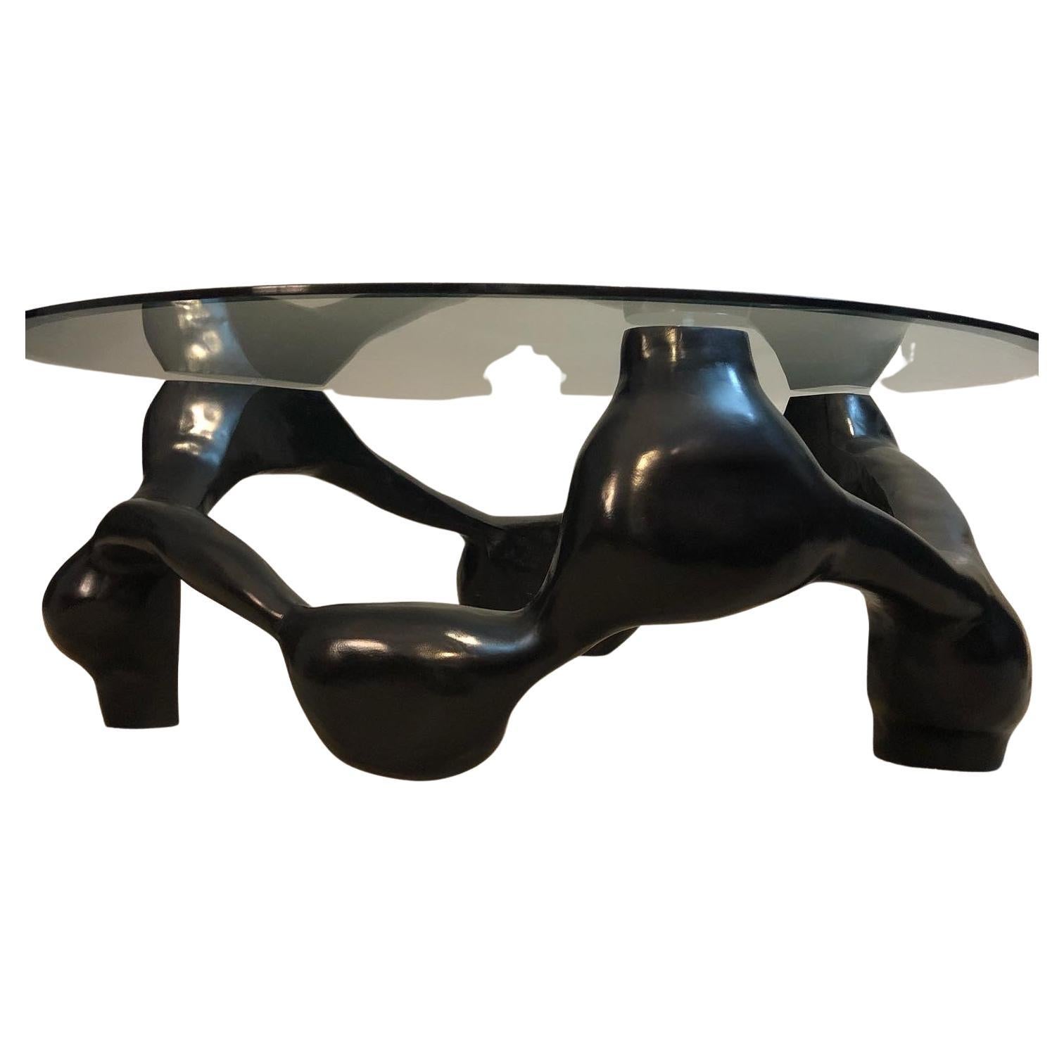 Table basse à nœuds en peuplier moderne noir, sculptée à la main
