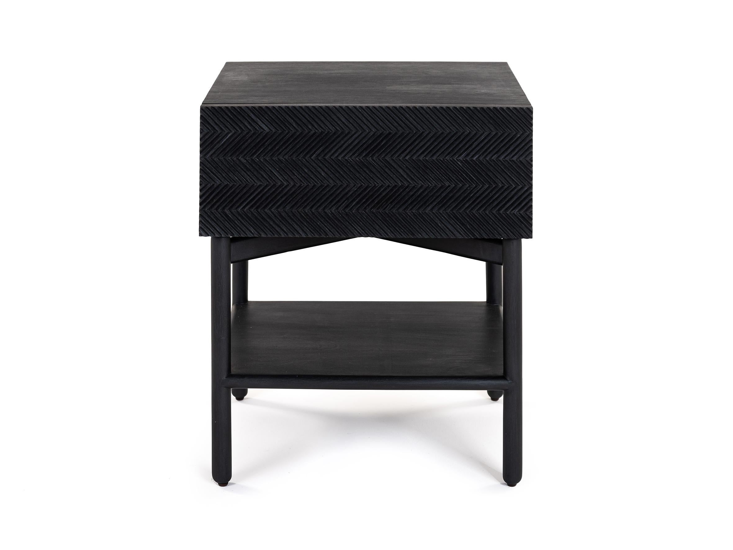 Contemporary Black Hand Carved Night Stand in Cedar Wood with One Drawer, Auxiliar Table For Sale