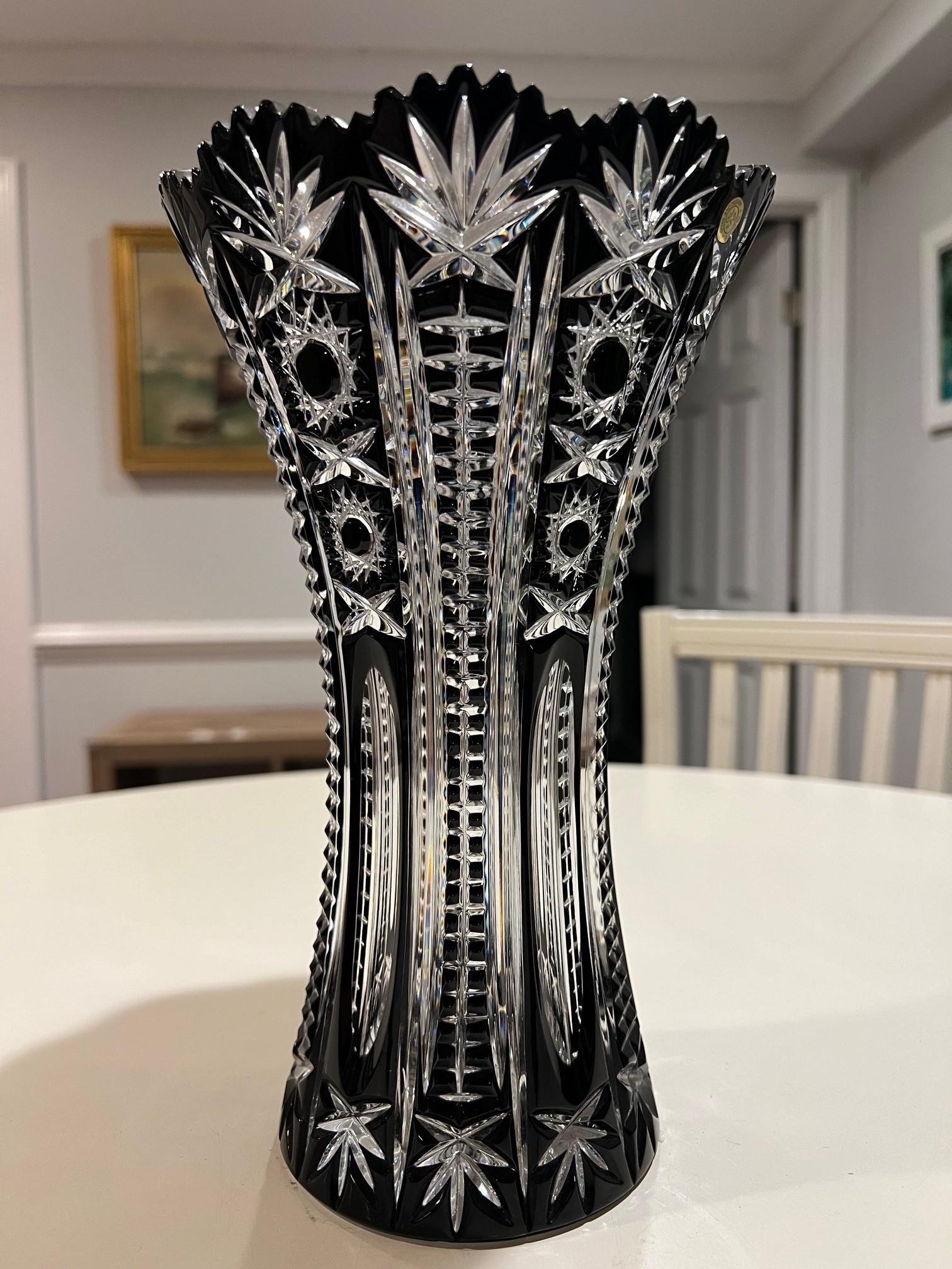 Black Hand Cut Lead Crystal Vase by Caesar Crystal Bohemiae Co. Czech Republic In Good Condition In Stamford, CT