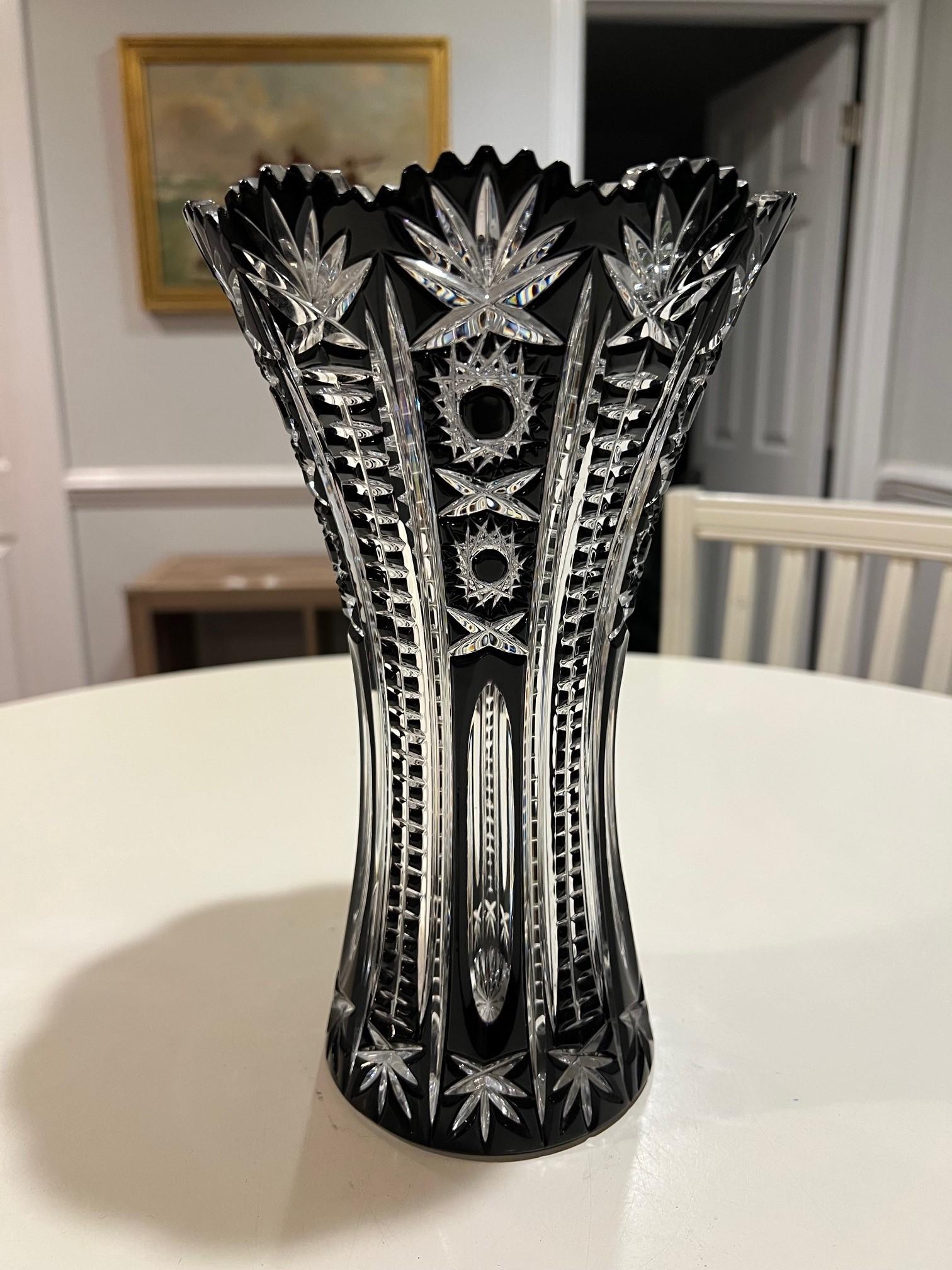 20th Century Black Hand Cut Lead Crystal Vase by Caesar Crystal Bohemiae Co. Czech Republic For Sale