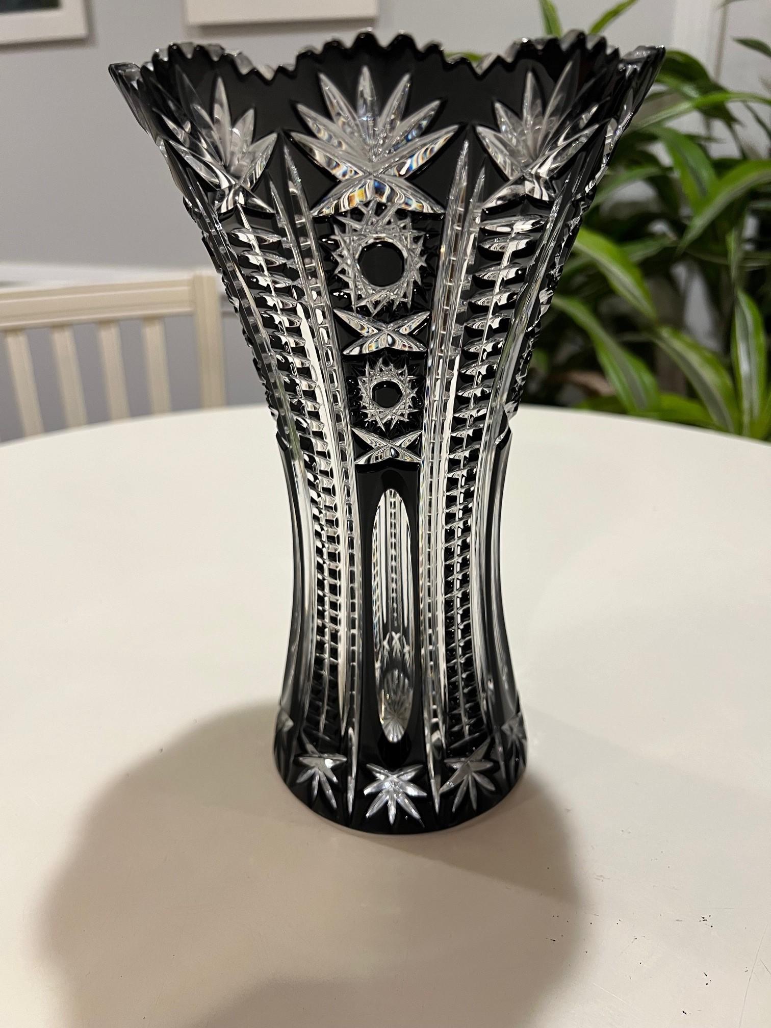 Black Hand Cut Lead Crystal Vase by Caesar Crystal Bohemiae Co. Czech Republic For Sale 1