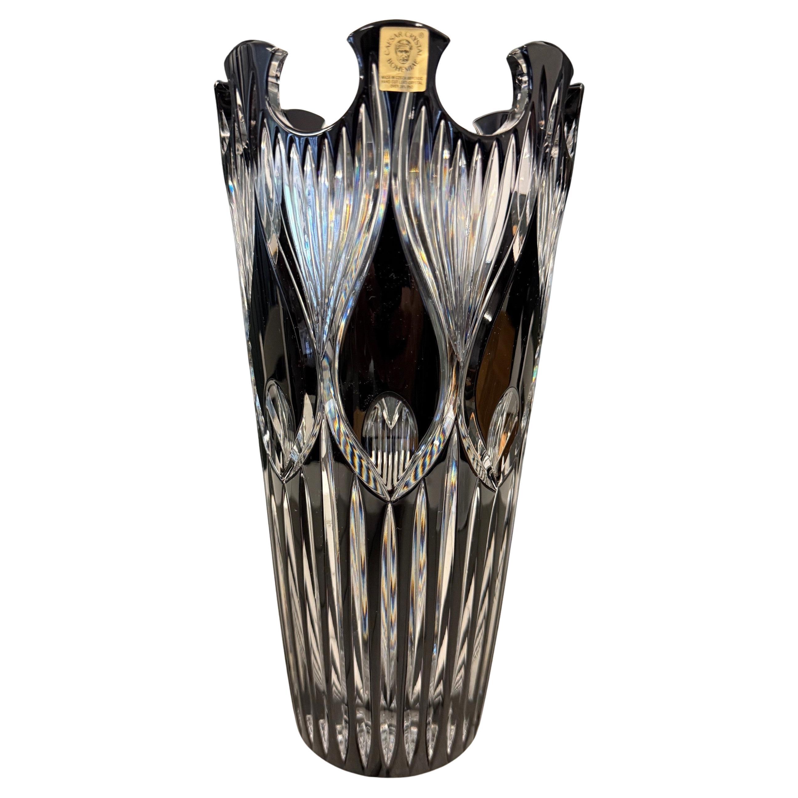 Black Hand Cut Lead Crystal Vase by Caesar Crystal Bohemiae Co. Czech Republic
