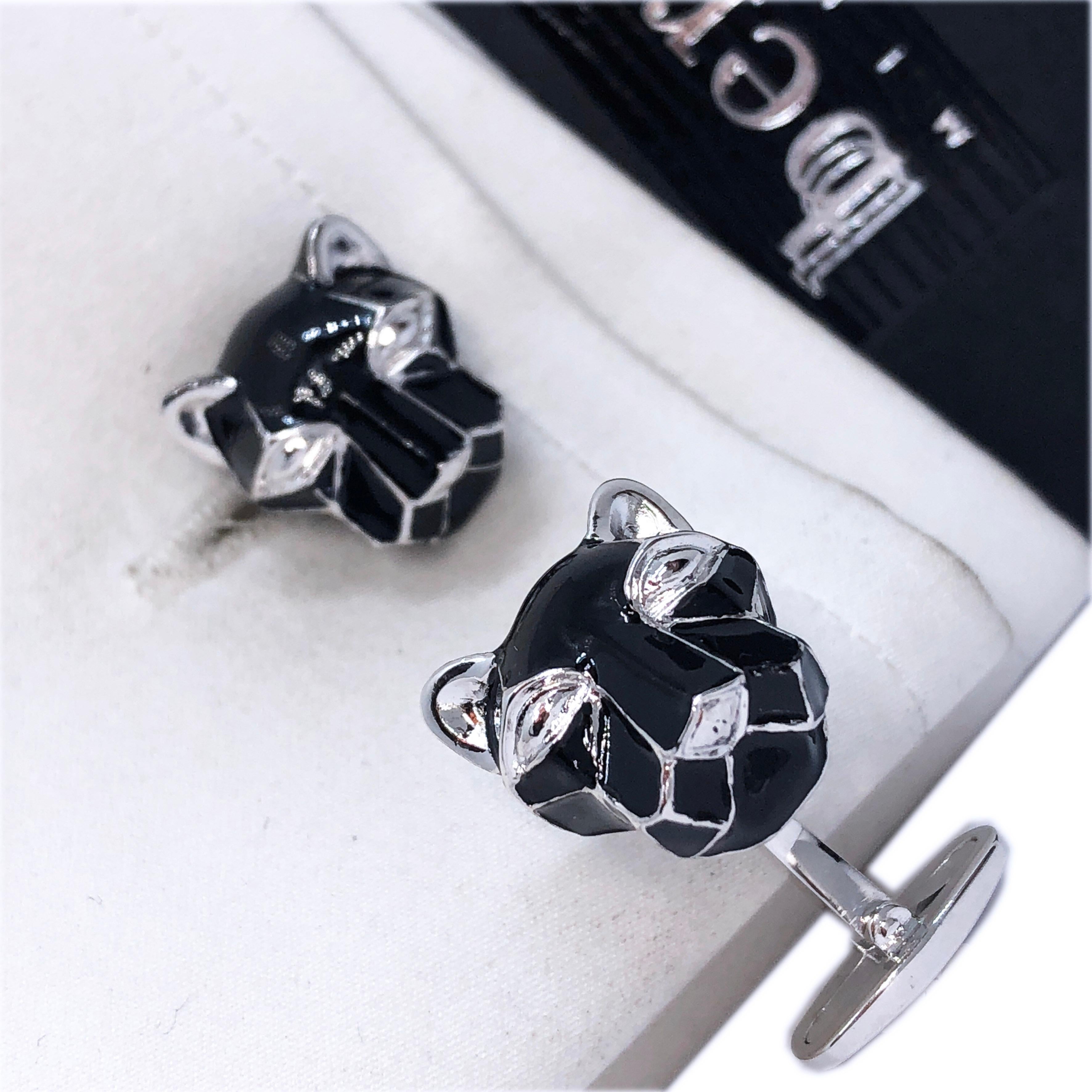 Contemporary Black Hand Enameled Cougar Head Shaped Sterling Silver Cufflinks