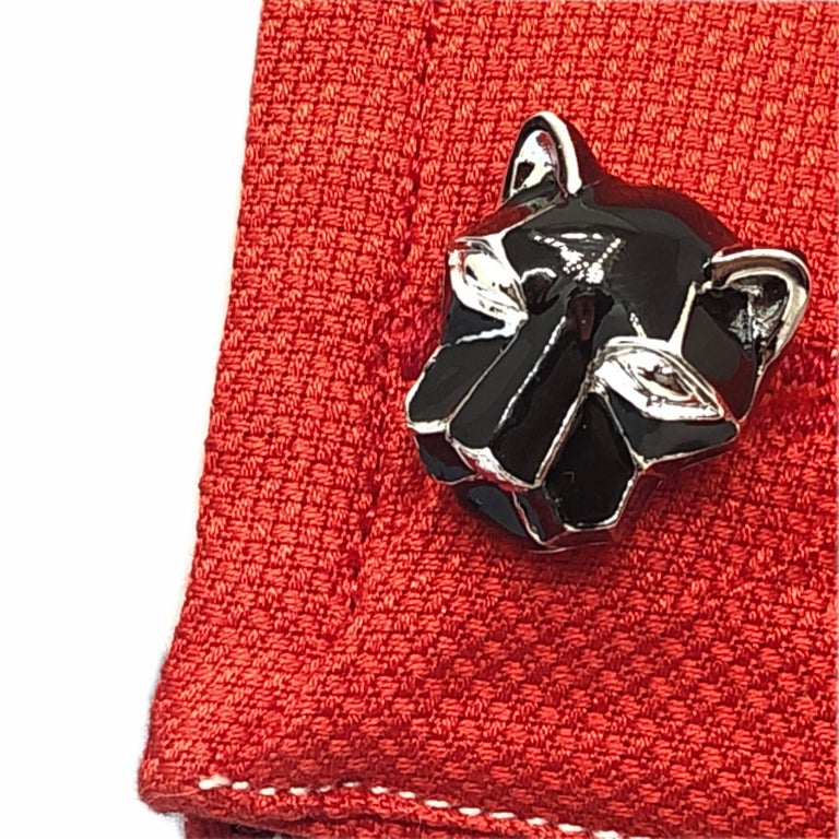 Black Hand Enameled Cougar Head Shaped Sterling Silver Cufflinks at 1stDibs