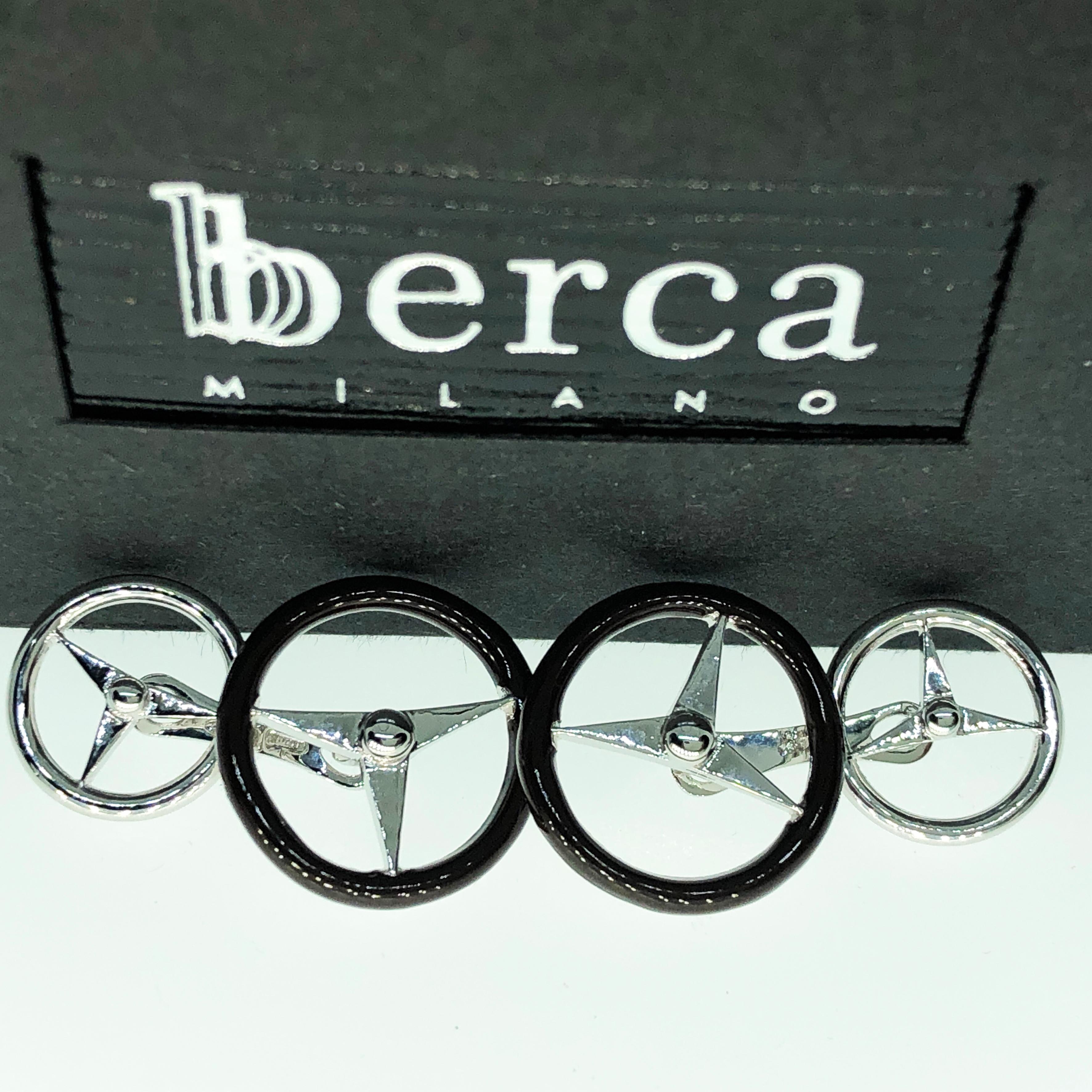 Berca Black Hand Enameled Steering Wheel Shaped Sterling Silver Cufflinks For Sale 6