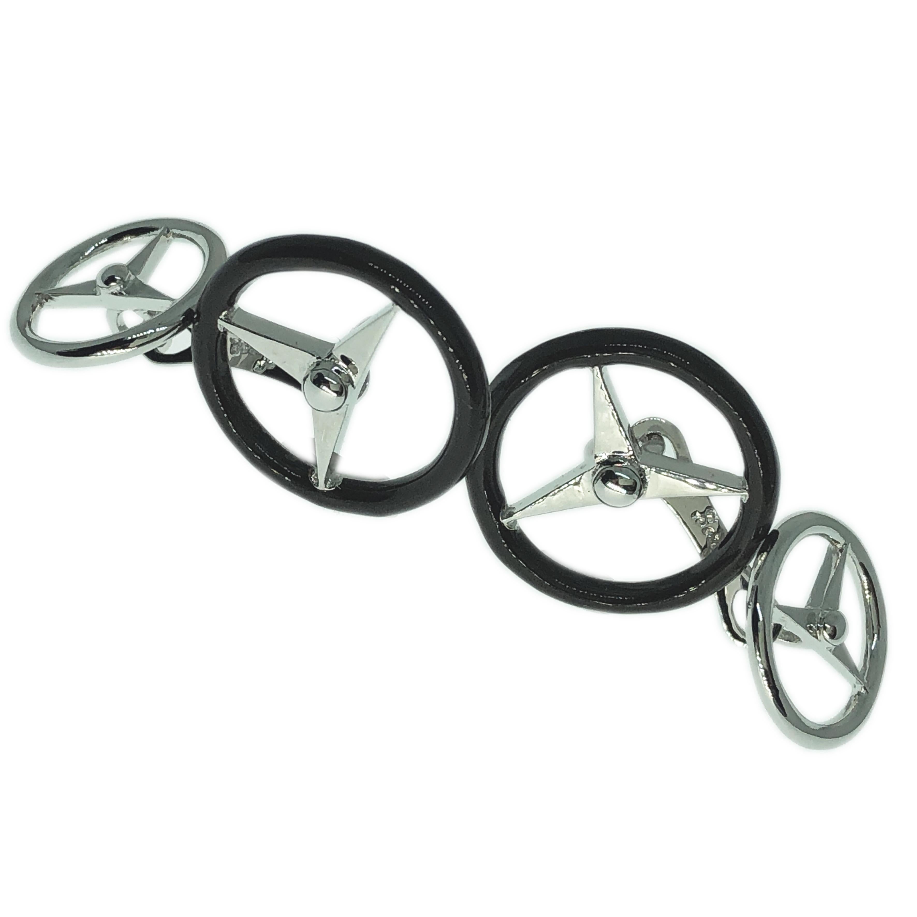 Contemporary Berca Black Hand Enameled Steering Wheel Shaped Sterling Silver Cufflinks For Sale