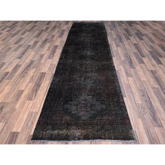 Black Hand Knotted Overdyed Vintage Persian Geometric Hamadan Clean Runner Rug