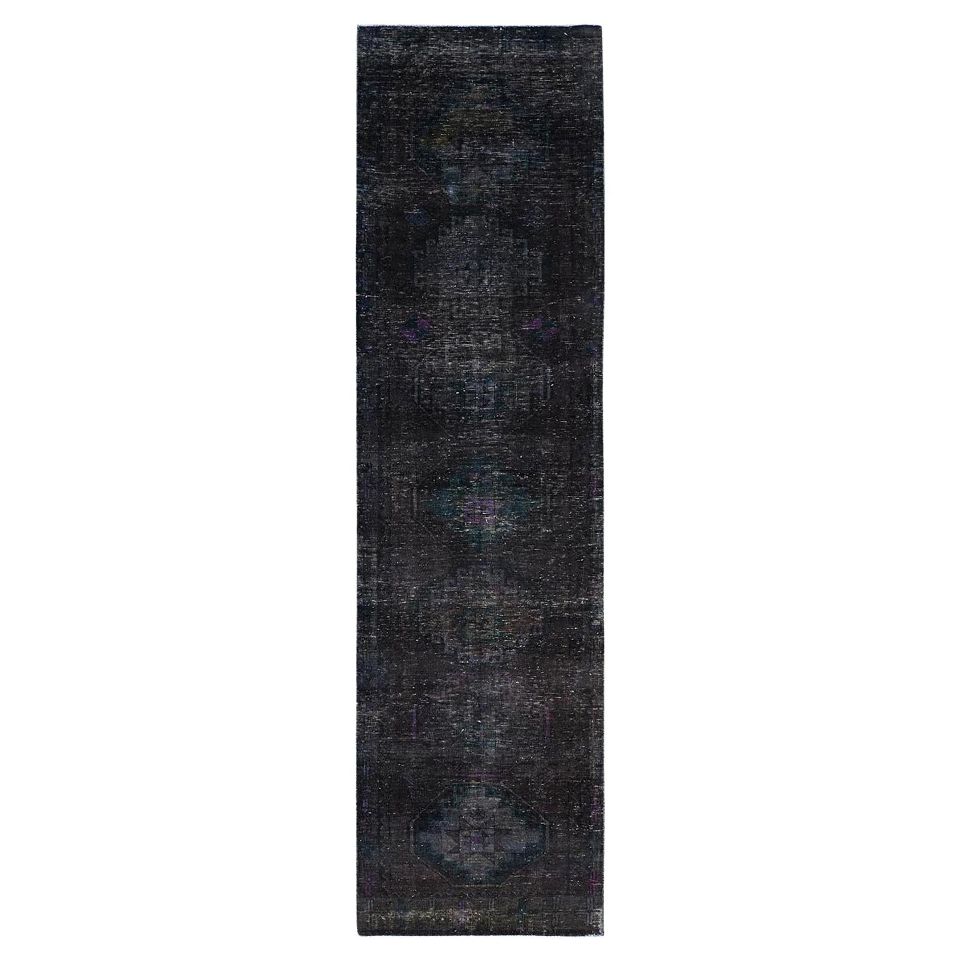 Black Hand Knotted Overdyed Vintage Persian Geometric Hamadan Clean Runner Rug